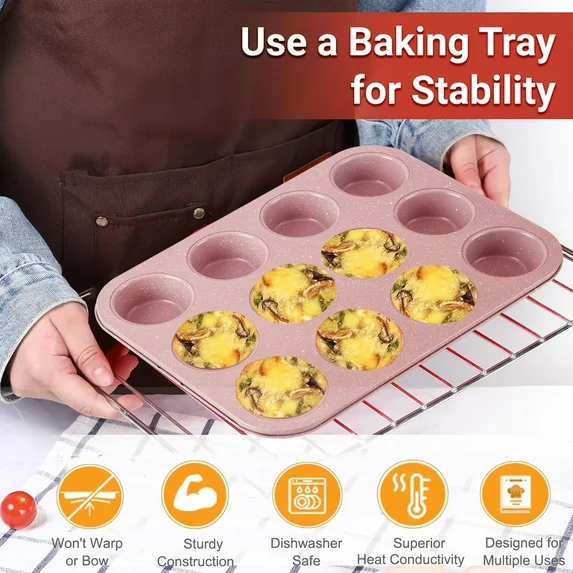 Bakdcore 12 Cup Muffin Pan, Carbon Steel Cupcake Tin, Non Stick Muffin Tins for Making Muffin Cakes,Bread, Tart(2-Count)