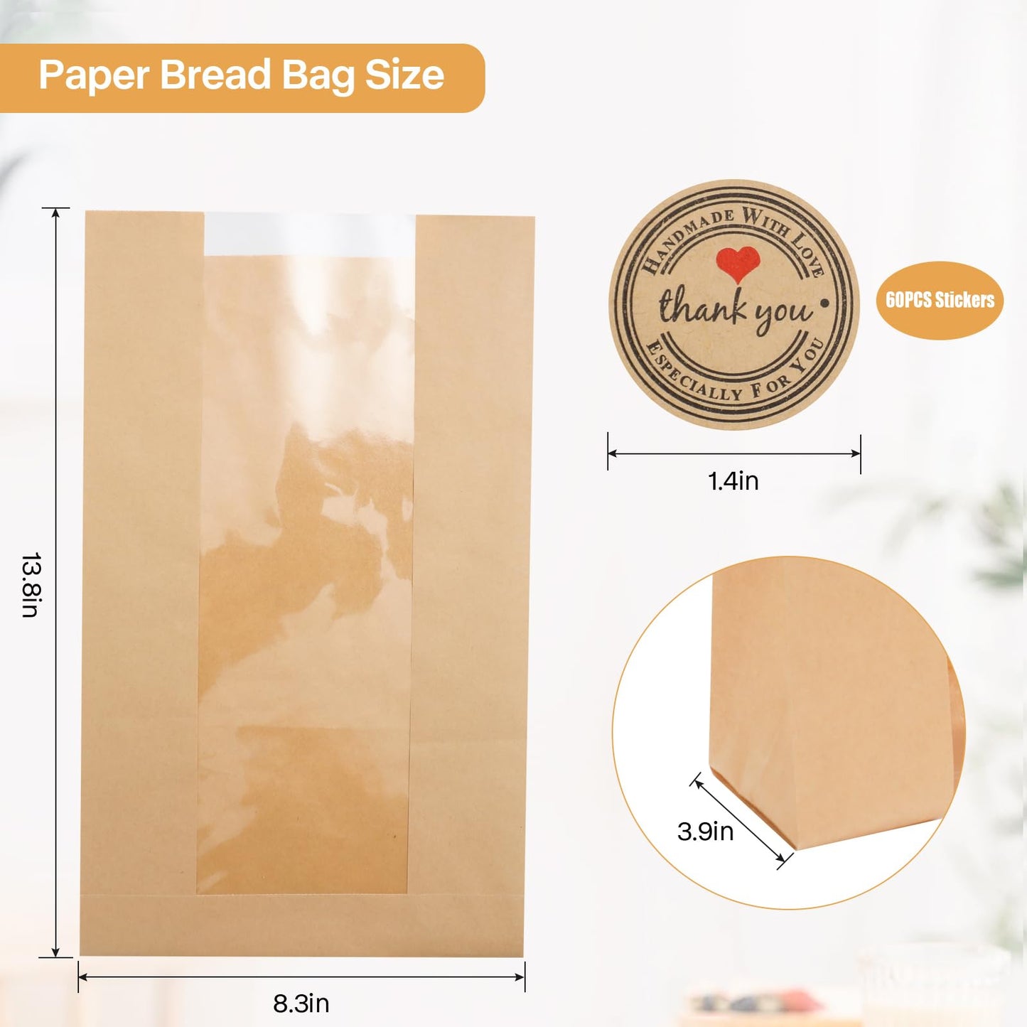 Bread Bags for Homemade Bread, 13.8x8.3inch Sourdough Bread Bags, 50-Pack Paper Bread Loaf Bags with Windows for Birthday Parties Weddings Food Packaging Storage