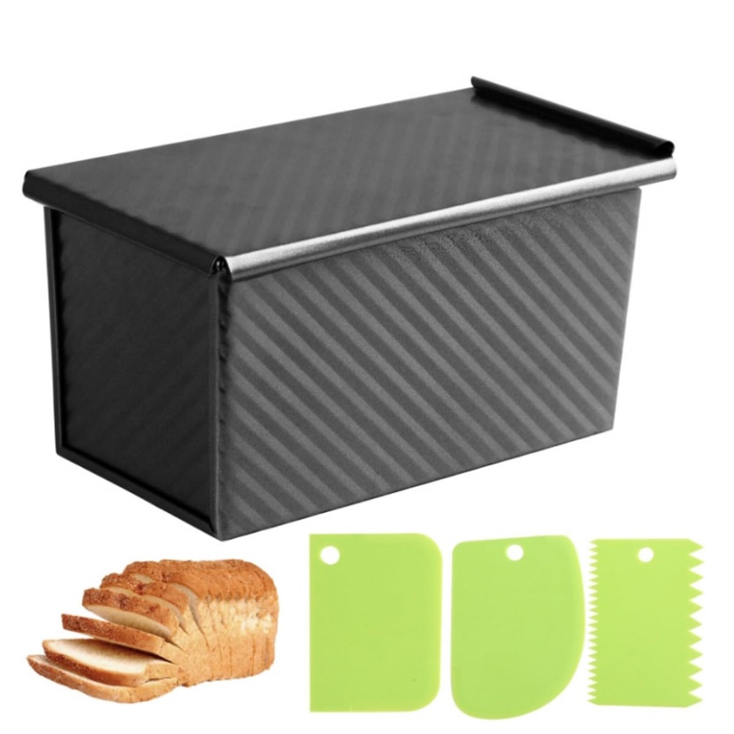 Spmarkt 2.2Lb Bread Pan, Non-Stick Rectangle Pullman Loaf Pan with Lid, Long Sourdough Bread Loaf Pan for Homemade, Deep Bread Tin with Dough Scraper Cutter