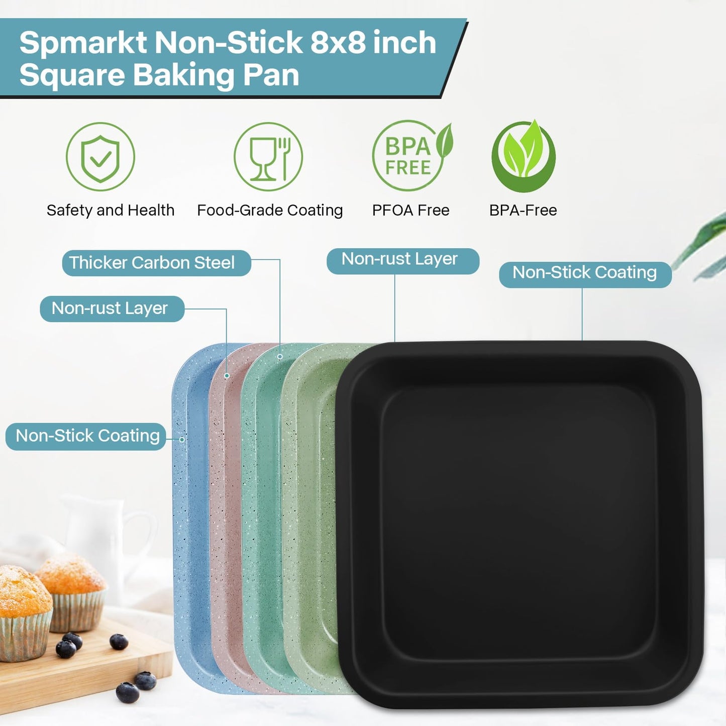 2-Pack 8 inch Square Cake Pan, 8x8 Baking Pan, Cornbread Square Baking Pan, Perfect for Brownies, Lasagna,Oven Safe