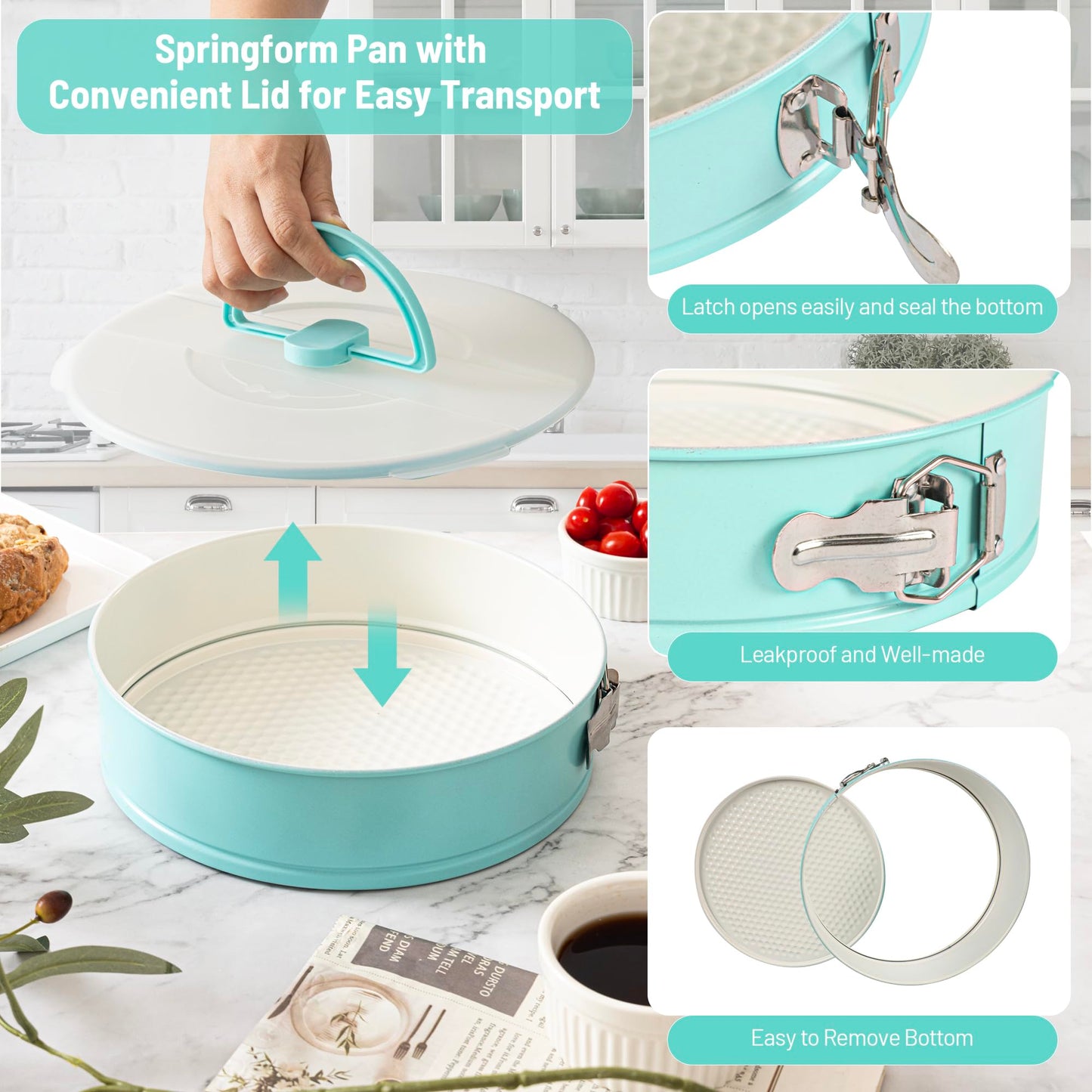 Spmarkt Cheesecake Pan with Removed Bottom and lid, 10-Inch Blue Spring Form Pan for Cheesecake, Springform Pan 10 inch Nonstick, Easy to Clean, Perfect for Baking & Transporting Cakes