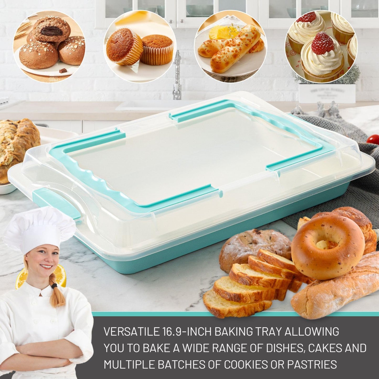 Spmarkt Baking Sheet Pan with Lid, 17inch*12inch Non-Stick Ceramic-Coating Sheet Cake Pan with lid, Easy to Clean, Ovan Safe Baking Tray, Ideal for Baking, Party, and Outdoor Picnics