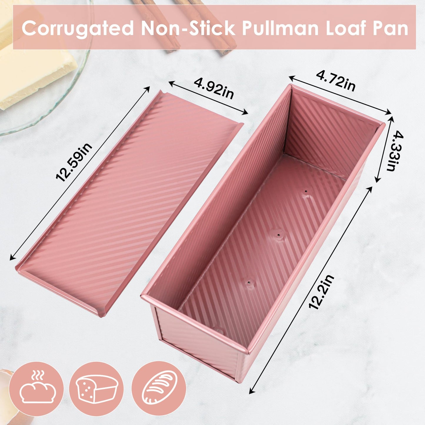 Spmarkt 2.2Lb Bread Pan, Non-Stick Rectangle Pullman Loaf Pan with Lid, Long Sourdough Bread Loaf Pan for Homemade, Deep Bread Tin with Dough Scraper Cutter