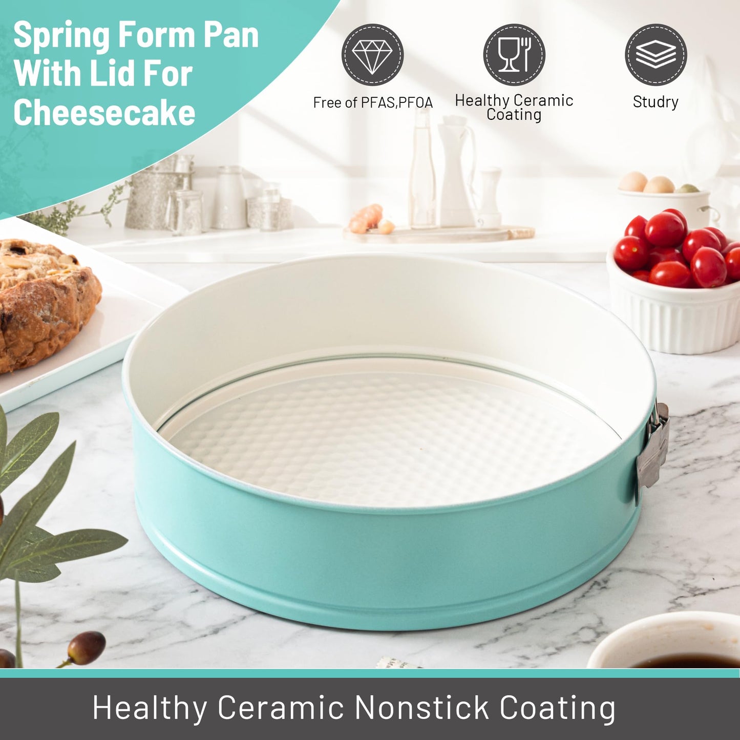 Spmarkt Cheesecake Pan with Removed Bottom and lid, 10-Inch Blue Spring Form Pan for Cheesecake, Springform Pan 10 inch Nonstick, Easy to Clean, Perfect for Baking & Transporting Cakes