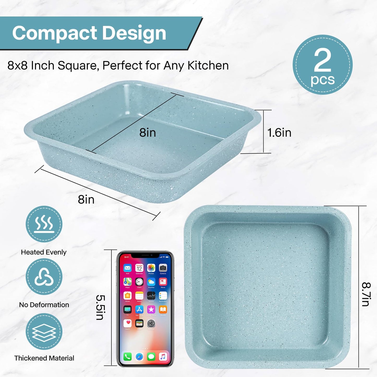 2-Pack 8 inch Square Cake Pan, 8x8 Baking Pan, Cornbread Square Baking Pan, Perfect for Brownies, Lasagna,Oven Safe
