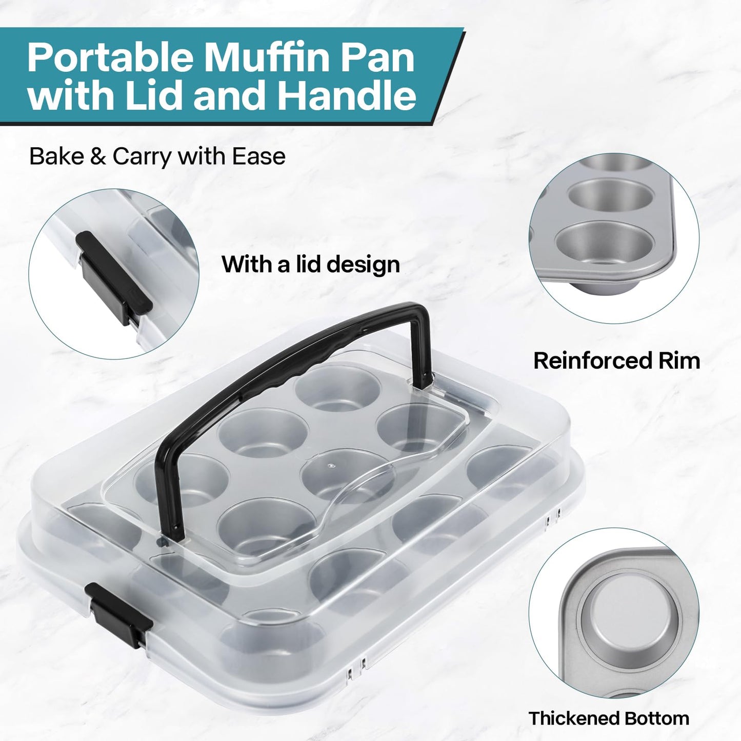 Spmarkt 2-Pack Muffin Pan with Carry Lid, Non-Stick 12-Cup Muffin Tin, Silver Cupcake Pan with Lid and Handle for Transporting, Suitable for Party, Holiday, Gathering etc
