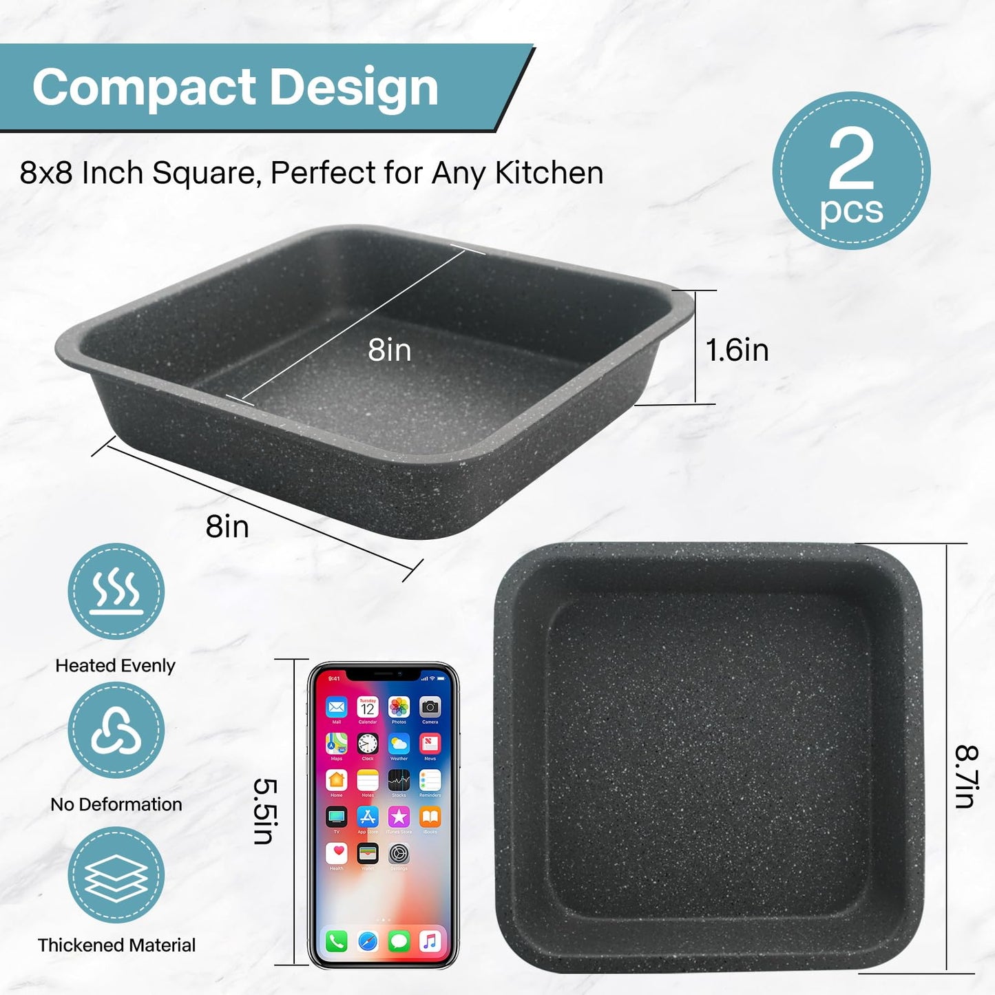 2-Pack 8 inch Square Cake Pan, 8x8 Baking Pan, Cornbread Square Baking Pan, Perfect for Brownies, Lasagna,Oven Safe