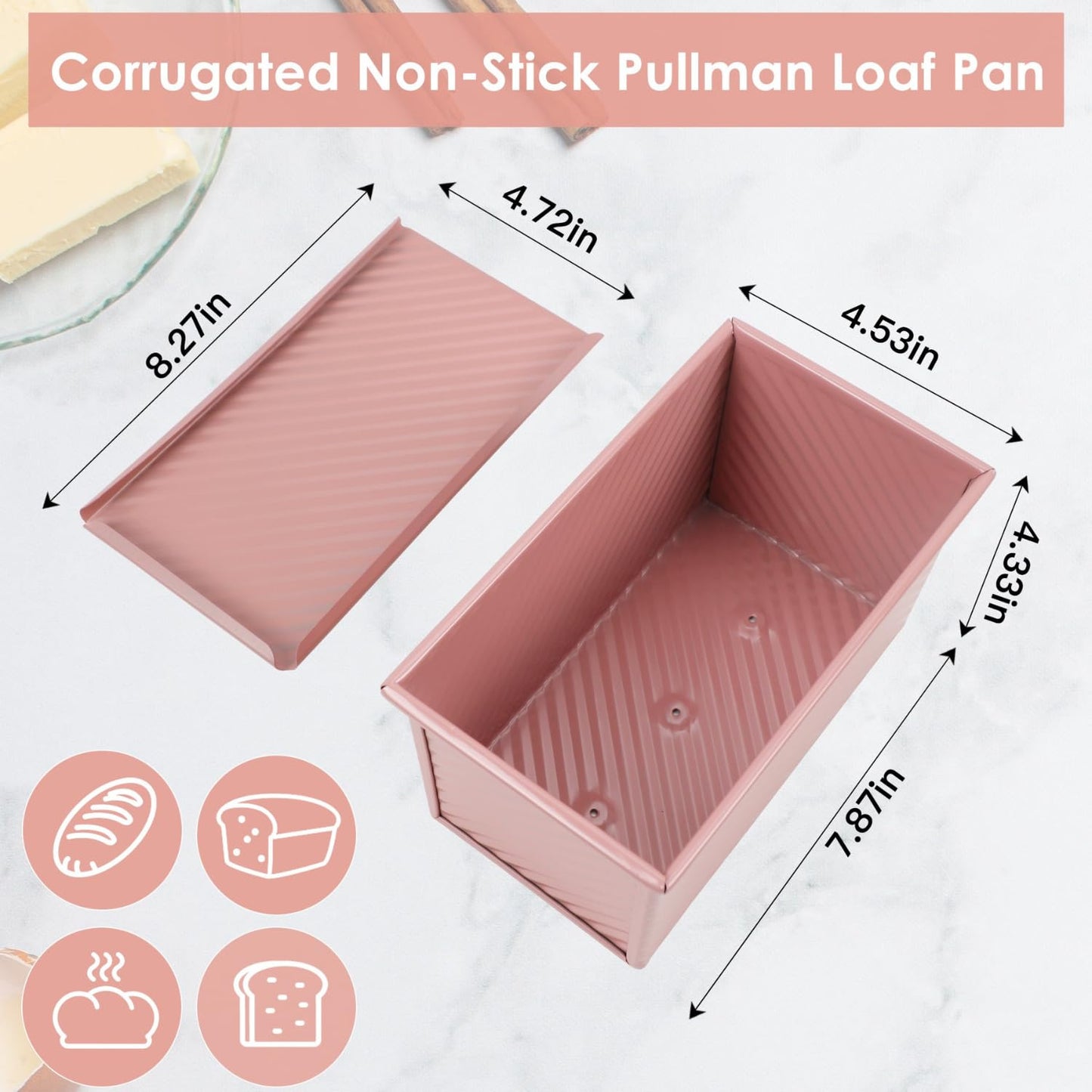 Spmarkt 2.2Lb Bread Pan, Non-Stick Rectangle Pullman Loaf Pan with Lid, Long Sourdough Bread Loaf Pan for Homemade, Deep Bread Tin with Dough Scraper Cutter