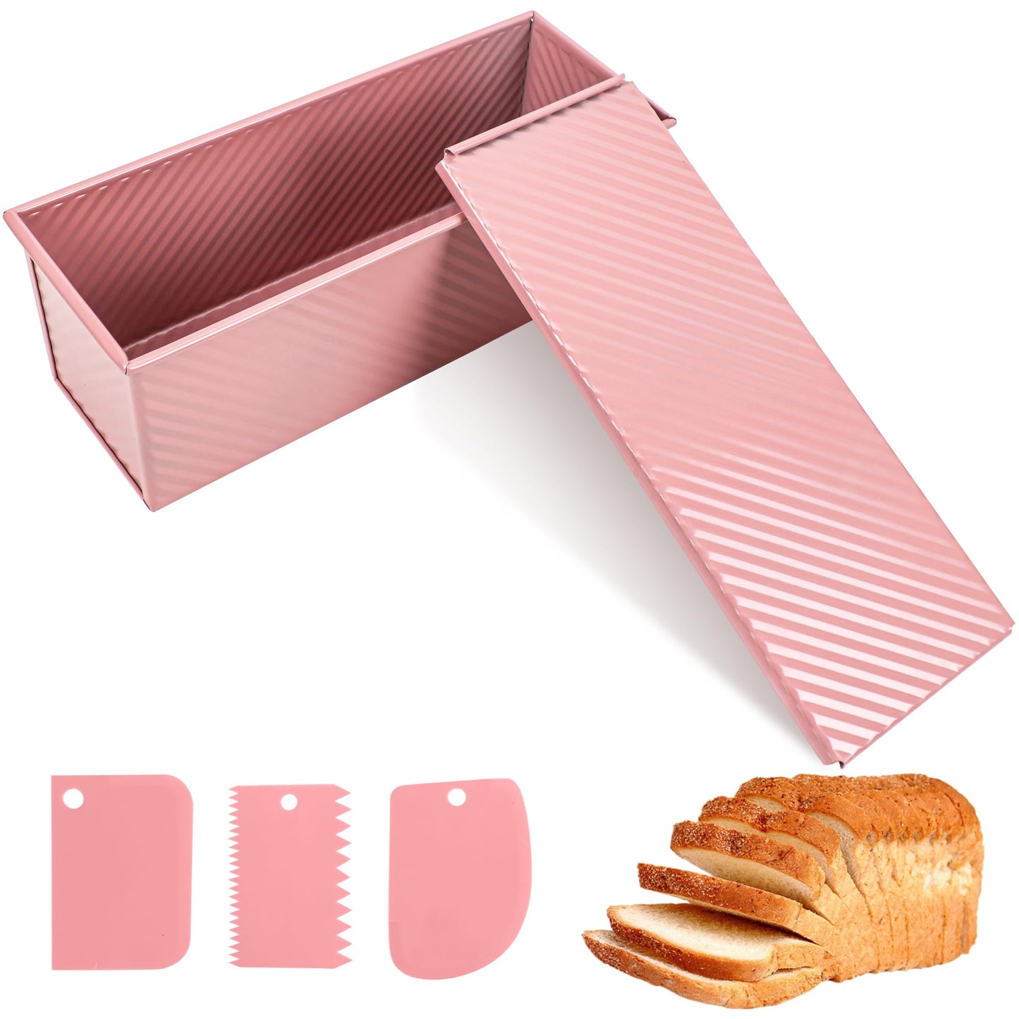Spmarkt 2.2Lb Bread Pan, Non-Stick Rectangle Pullman Loaf Pan with Lid, Long Sourdough Bread Loaf Pan for Homemade, Deep Bread Tin with Dough Scraper Cutter
