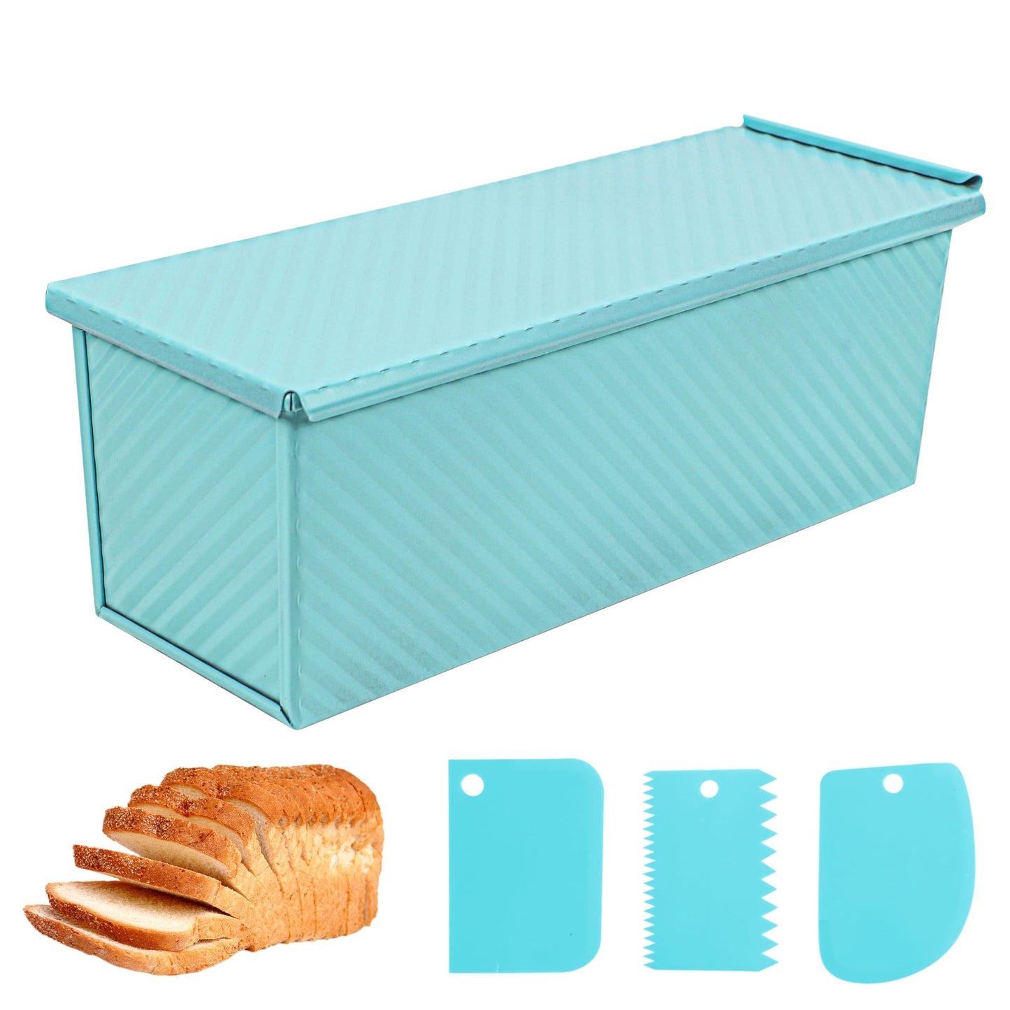 Spmarkt 2.2Lb Bread Pan, Non-Stick Rectangle Pullman Loaf Pan with Lid, Long Sourdough Bread Loaf Pan for Homemade, Deep Bread Tin with Dough Scraper Cutter