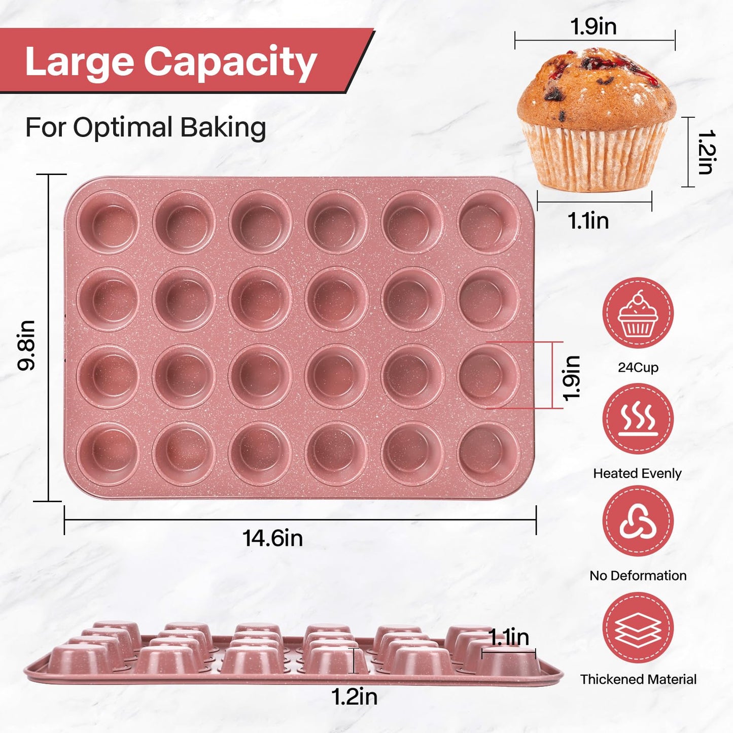 Spmart 2-Pack 24-Cup Nonstick Ceramic-Coated Mini Muffin Pan | Durable & Easy Clean Muffin Tins | Perfect for Small Baked Goods & Party Treats (Pink)