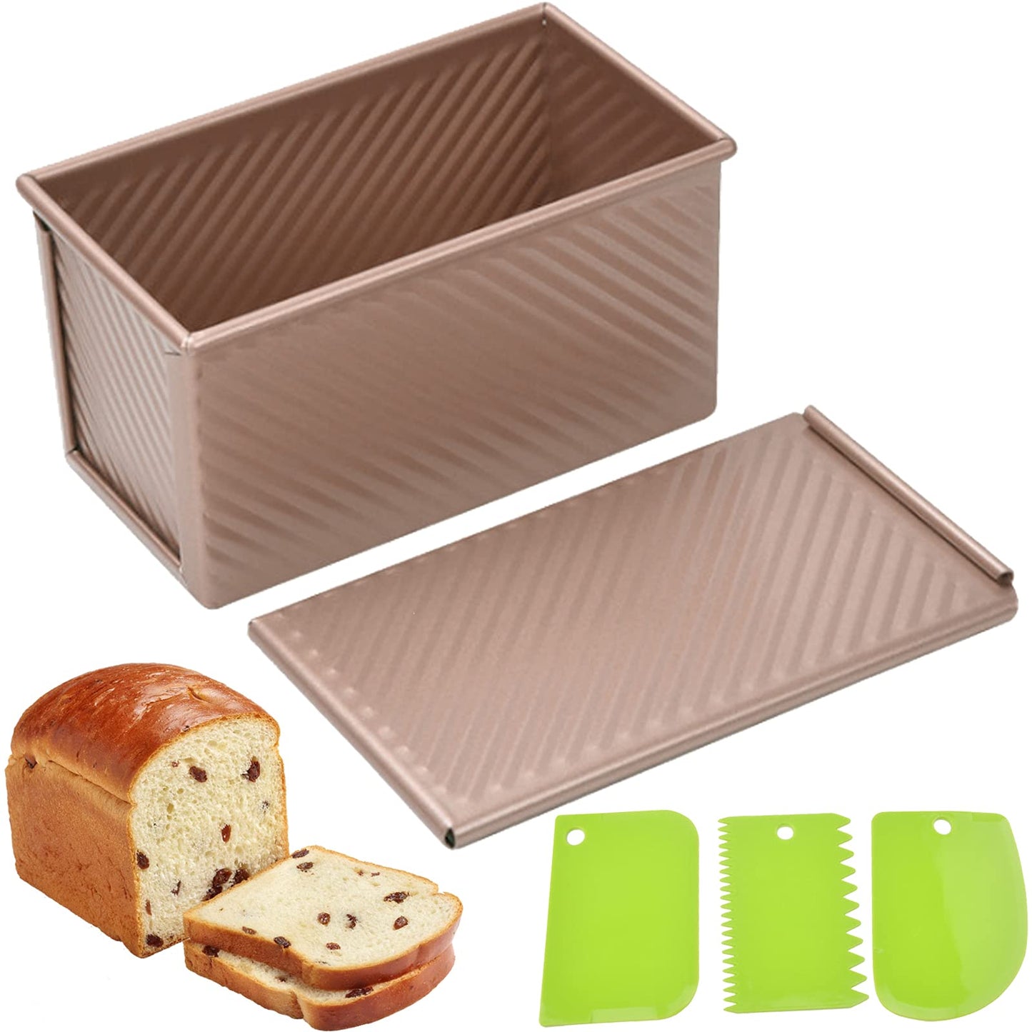 Spmarkt 2.2Lb Bread Pan, Non-Stick Rectangle Pullman Loaf Pan with Lid, Long Sourdough Bread Loaf Pan for Homemade, Deep Bread Tin with Dough Scraper Cutter