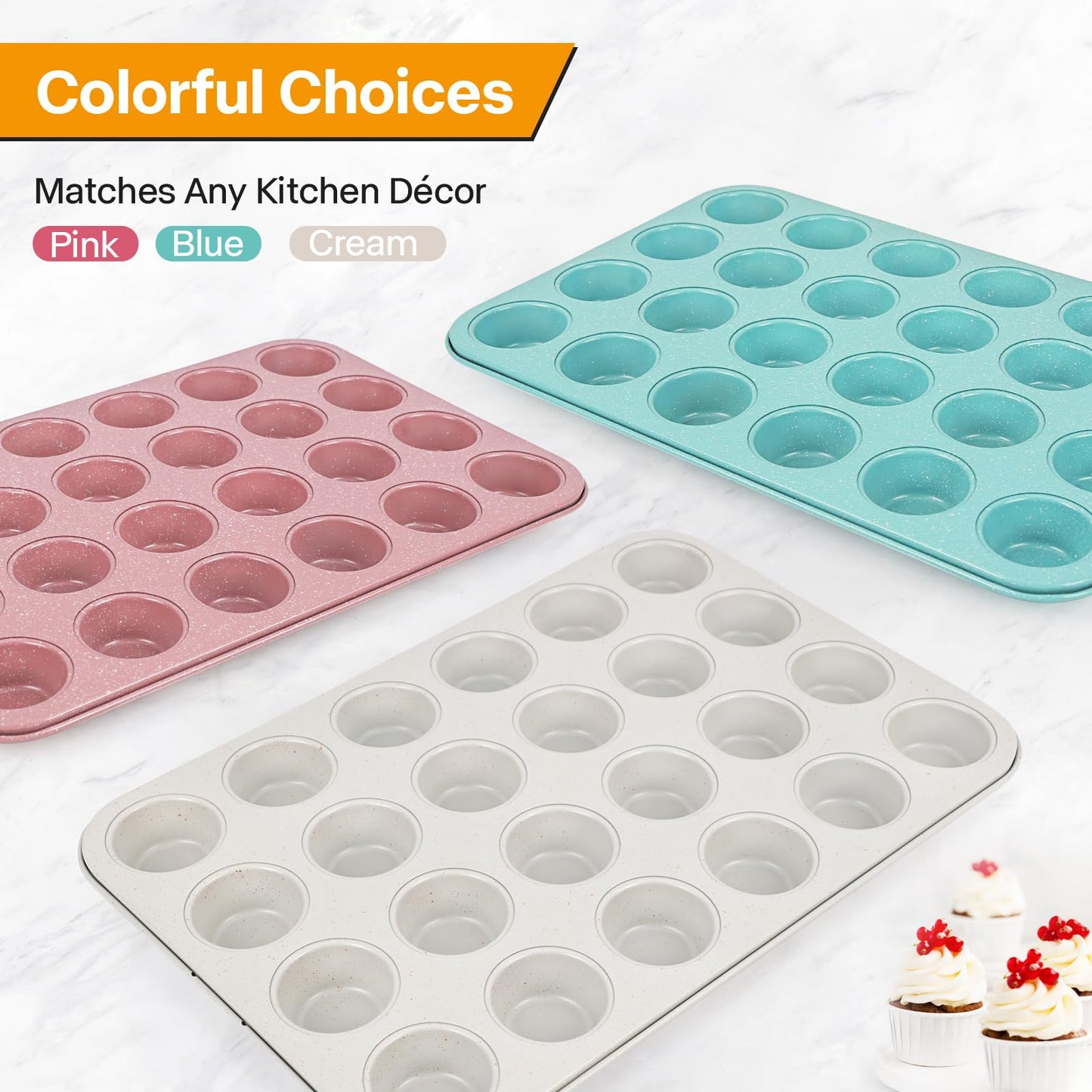 Spmart 2-Pack 24-Cup Nonstick Ceramic-Coated Mini Muffin Pan | Durable & Easy Clean Muffin Tins | Perfect for Small Baked Goods & Party Treats (Pink)