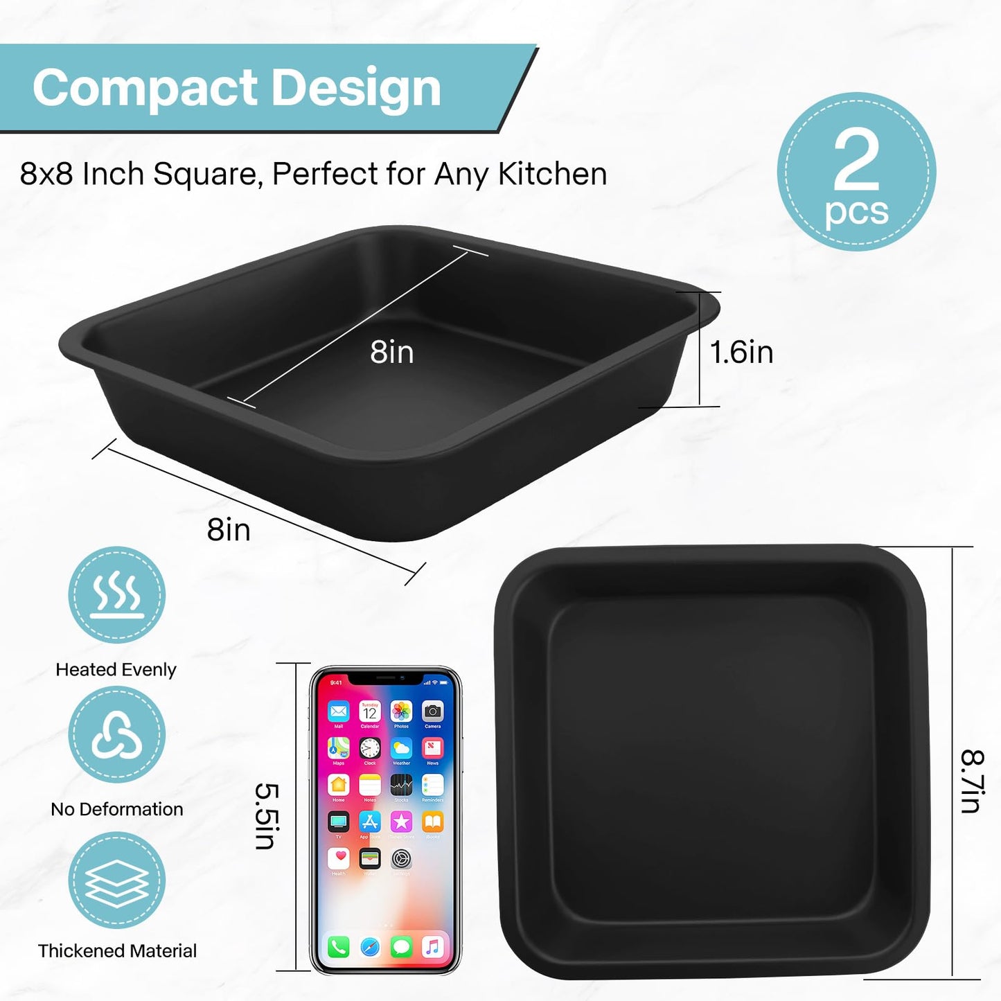 2-Pack 8 inch Square Cake Pan, 8x8 Baking Pan, Cornbread Square Baking Pan, Perfect for Brownies, Lasagna,Oven Safe