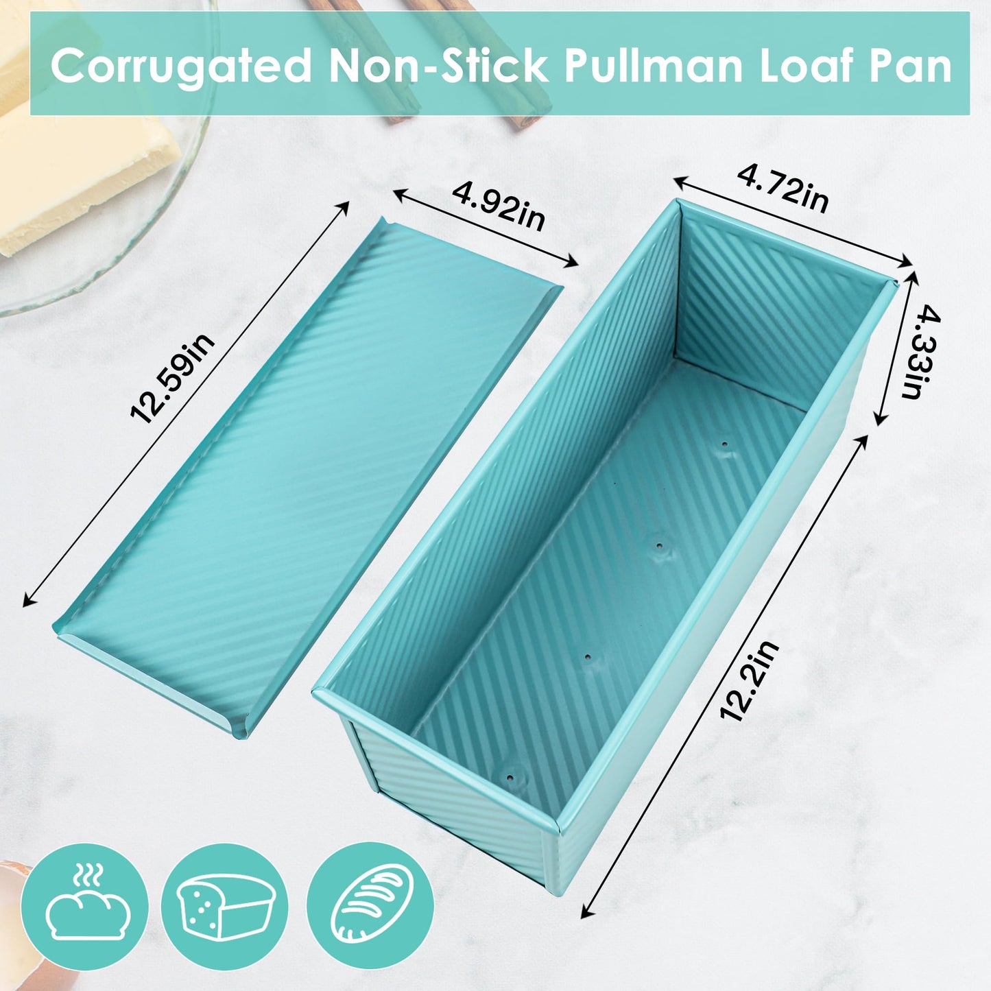 Spmarkt 2.2Lb Bread Pan, Non-Stick Rectangle Pullman Loaf Pan with Lid, Long Sourdough Bread Loaf Pan for Homemade, Deep Bread Tin with Dough Scraper Cutter