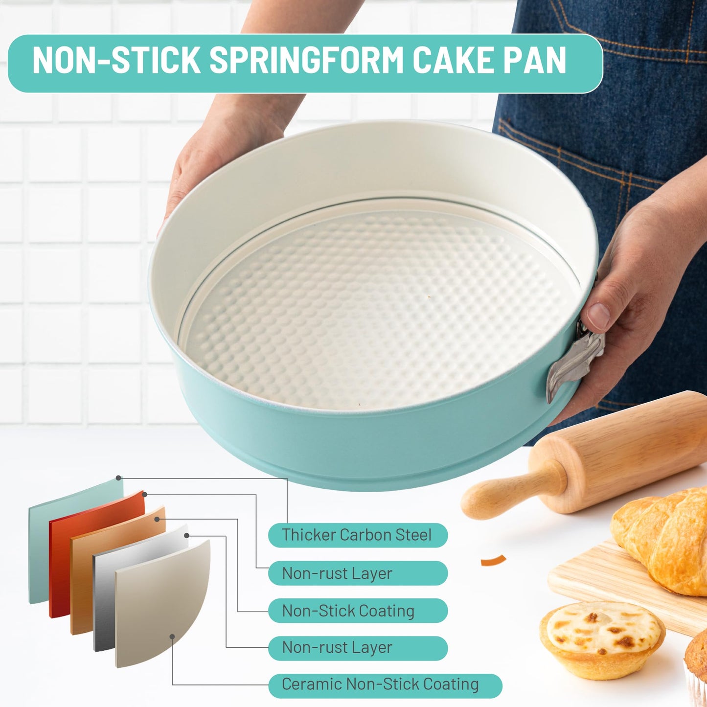 Spmarkt Cheesecake Pan with Removed Bottom and lid, 10-Inch Blue Spring Form Pan for Cheesecake, Springform Pan 10 inch Nonstick, Easy to Clean, Perfect for Baking & Transporting Cakes
