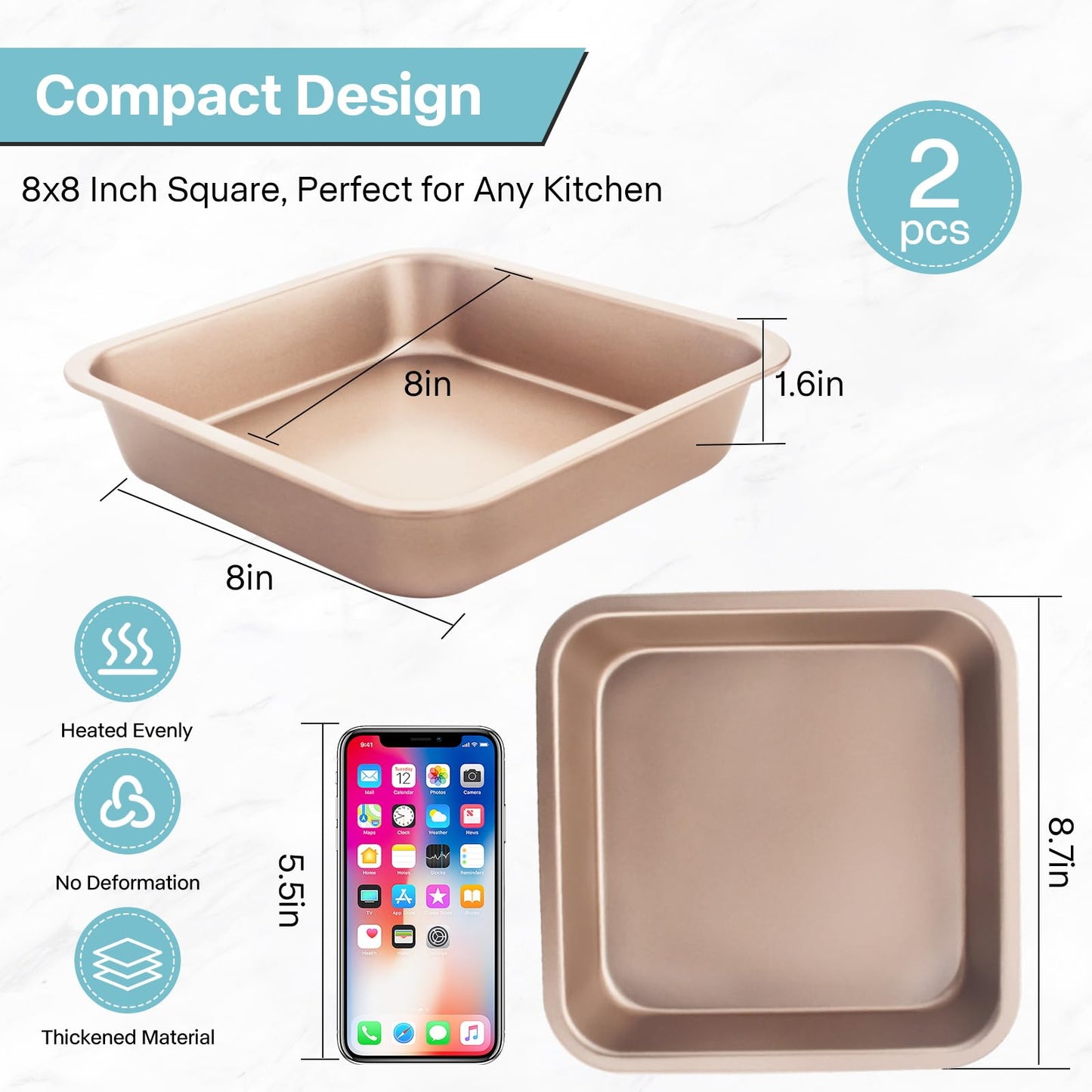 2-Pack 8 inch Square Cake Pan, 8x8 Baking Pan, Cornbread Square Baking Pan, Perfect for Brownies, Lasagna,Oven Safe