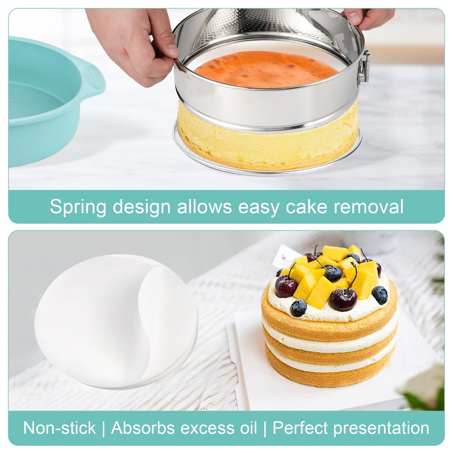 Spmarkt 9inch 304 Stainless Steel Springform Cake Pan with Detachable Bottom, Silicone Cheesecake Pan Protector, Parchment Paper, Decorating Kit Piping Bags and Tips- Ideal for Home Bakers