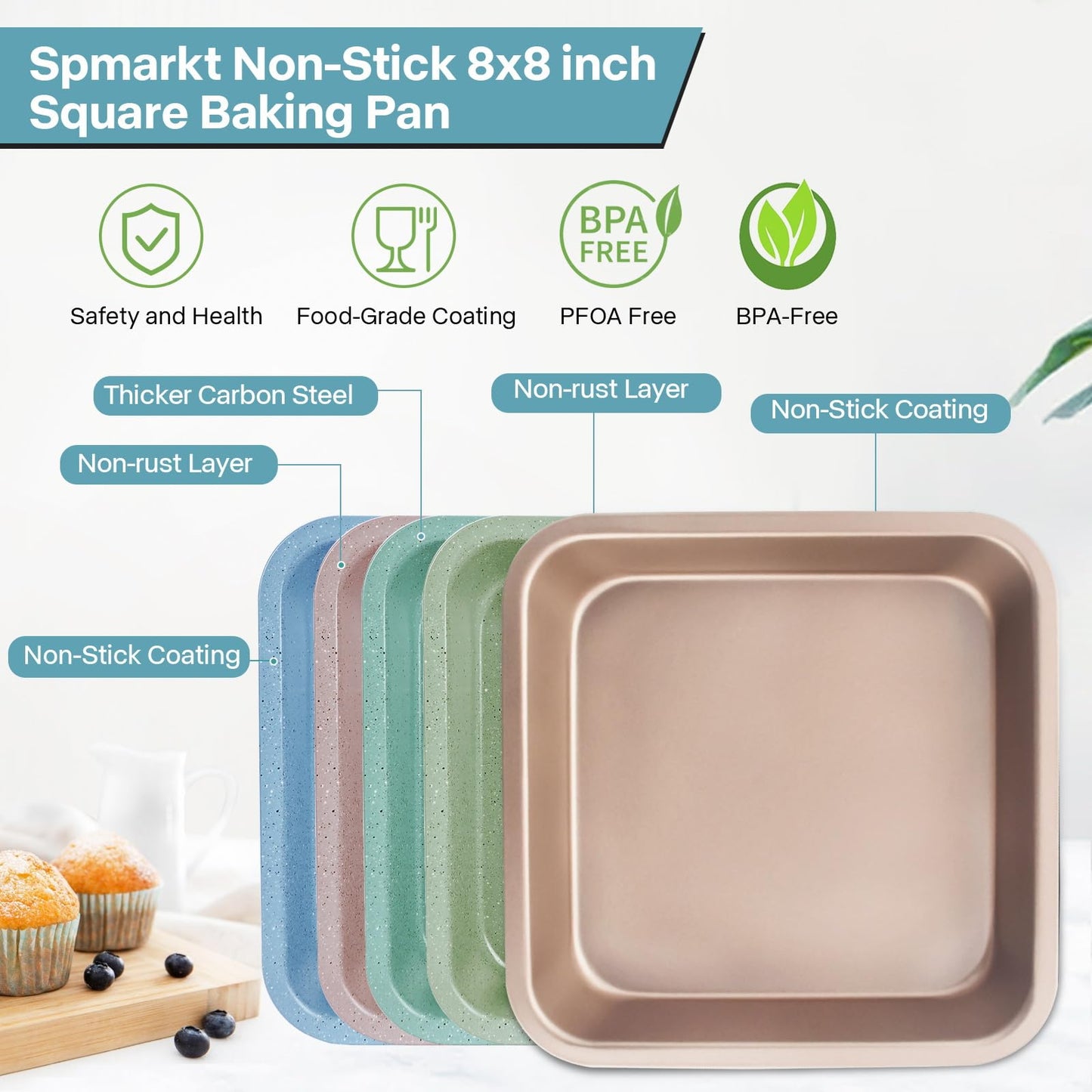 2-Pack 8 inch Square Cake Pan, 8x8 Baking Pan, Cornbread Square Baking Pan, Perfect for Brownies, Lasagna,Oven Safe
