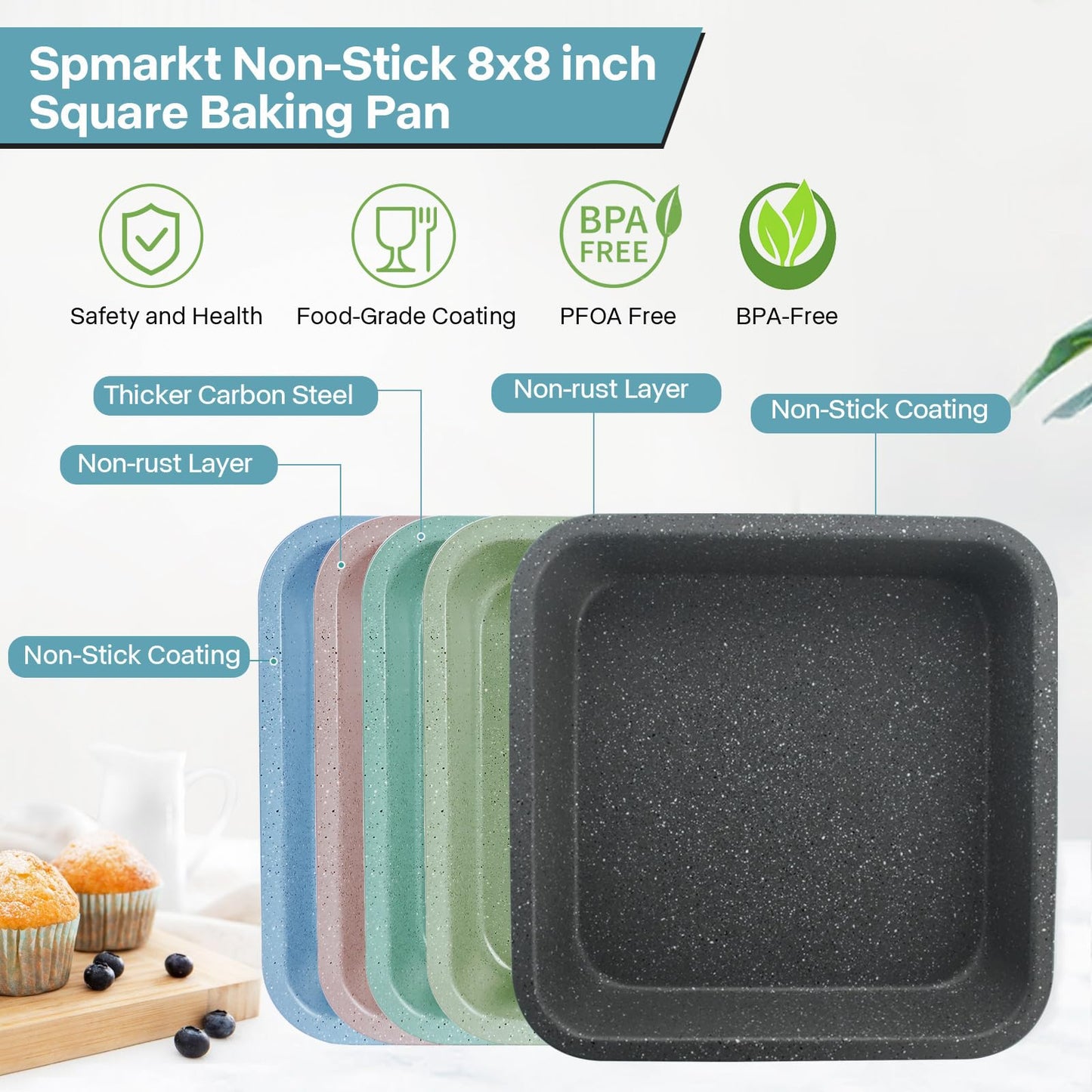 2-Pack 8 inch Square Cake Pan, 8x8 Baking Pan, Cornbread Square Baking Pan, Perfect for Brownies, Lasagna,Oven Safe