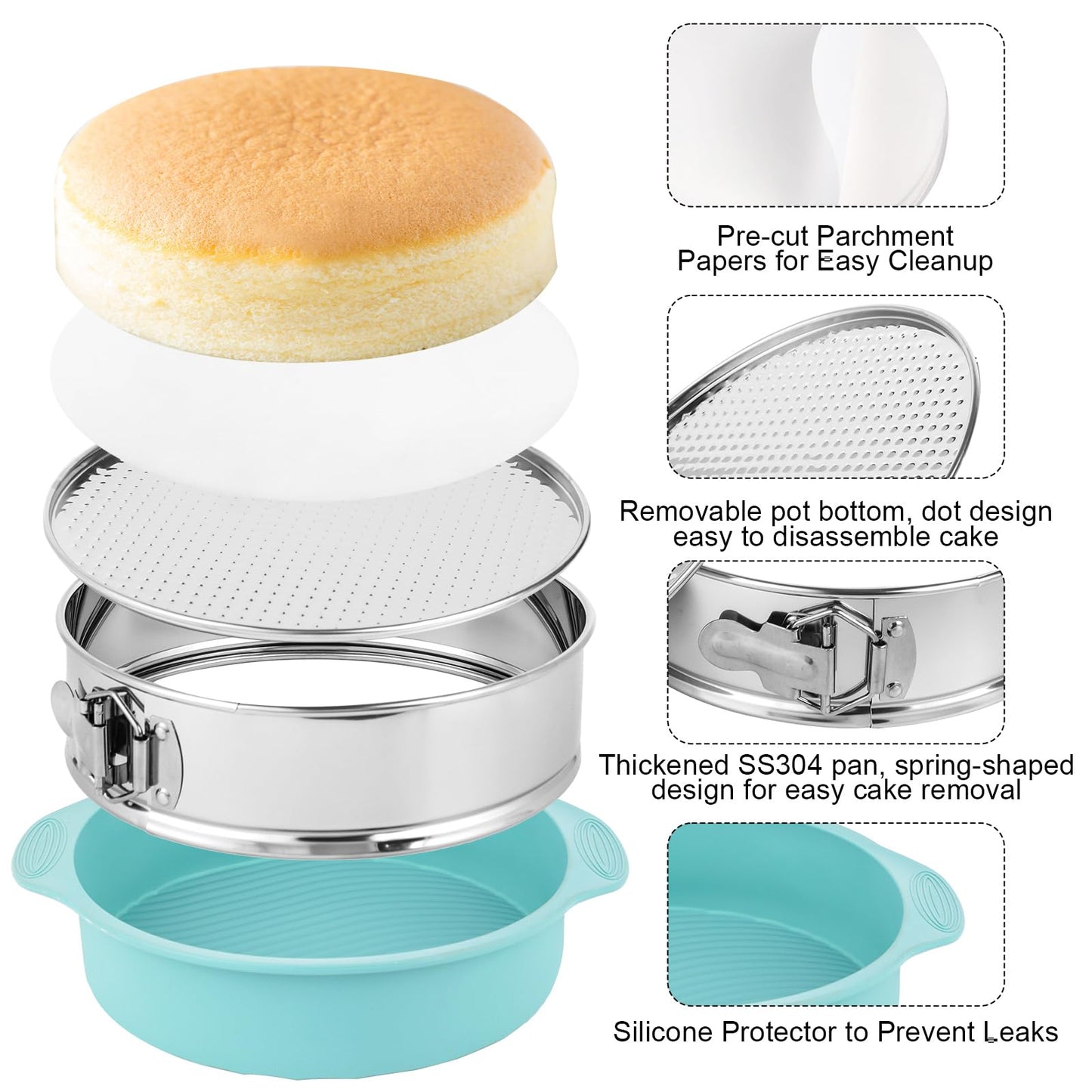Spmarkt 9inch 304 Stainless Steel Springform Cake Pan with Detachable Bottom, Silicone Cheesecake Pan Protector, Parchment Paper, Decorating Kit Piping Bags and Tips- Ideal for Home Bakers