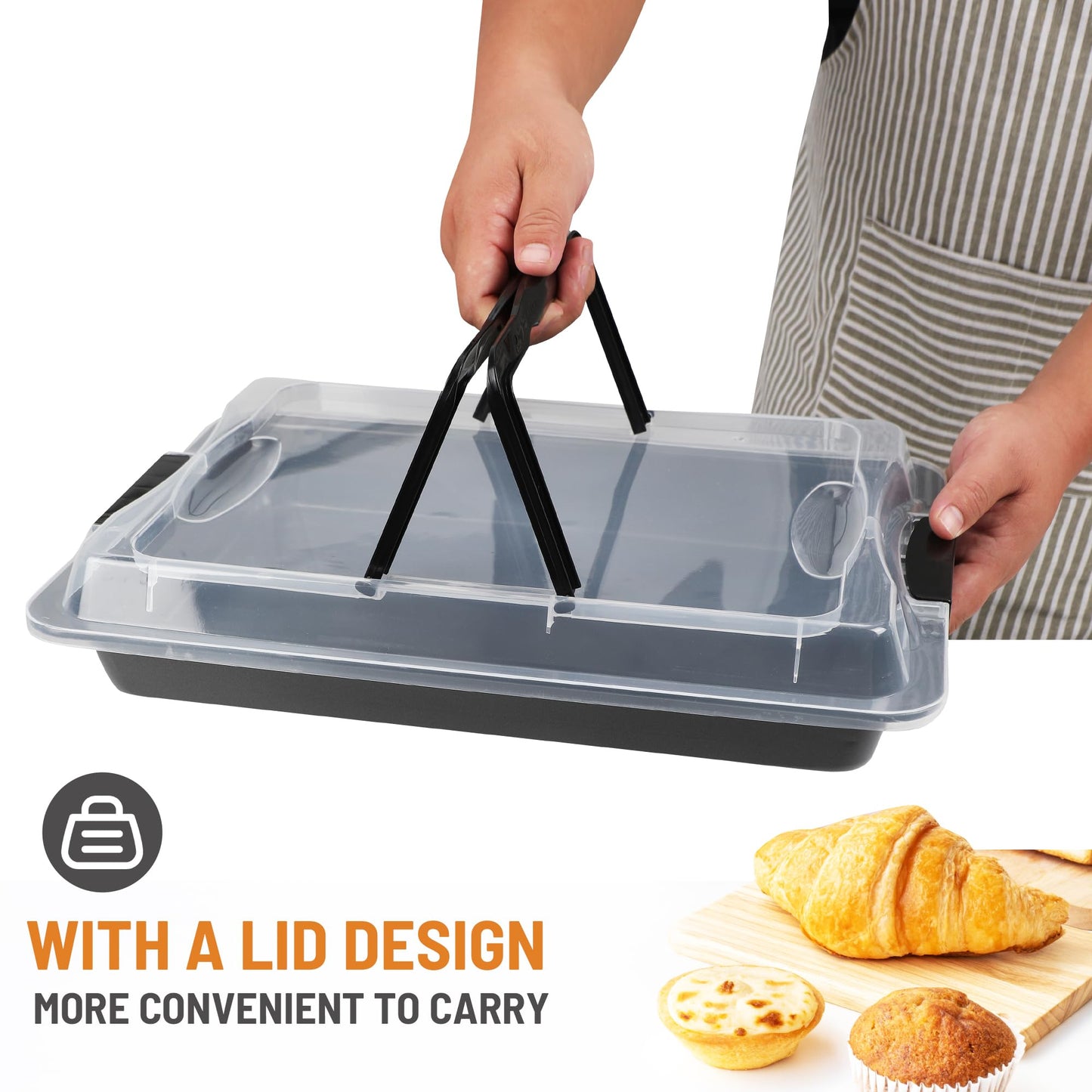 Spmarkt Ceramic-Coated Non-Stick Baking Pan with Carry Lid, 17inchx12inch Rectangular Cookie Sheets for Baking, Easy to Clean, Ovan Safe Baking Tray, Ideal for Party, and Outdoor Picnics (Black)