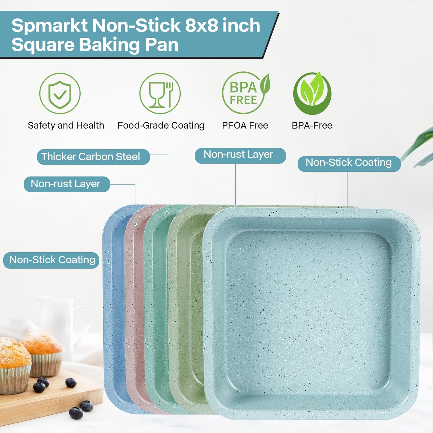 2-Pack 8 inch Square Cake Pan, 8x8 Baking Pan, Cornbread Square Baking Pan, Perfect for Brownies, Lasagna,Oven Safe