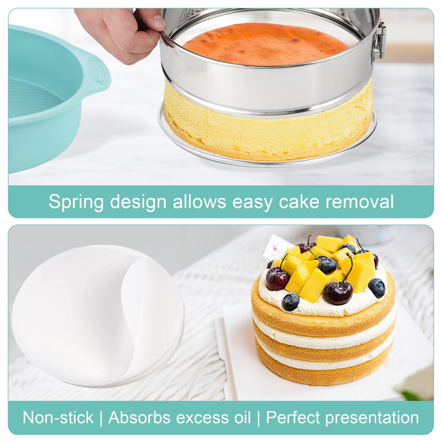 Spmarkt 10-inch Stainless Steel Springform Pan with Silicone Protector, Removable Bottom, Parchment Paper, Decorating Kit Piping Bags and Tips- Great for Birthday Parties