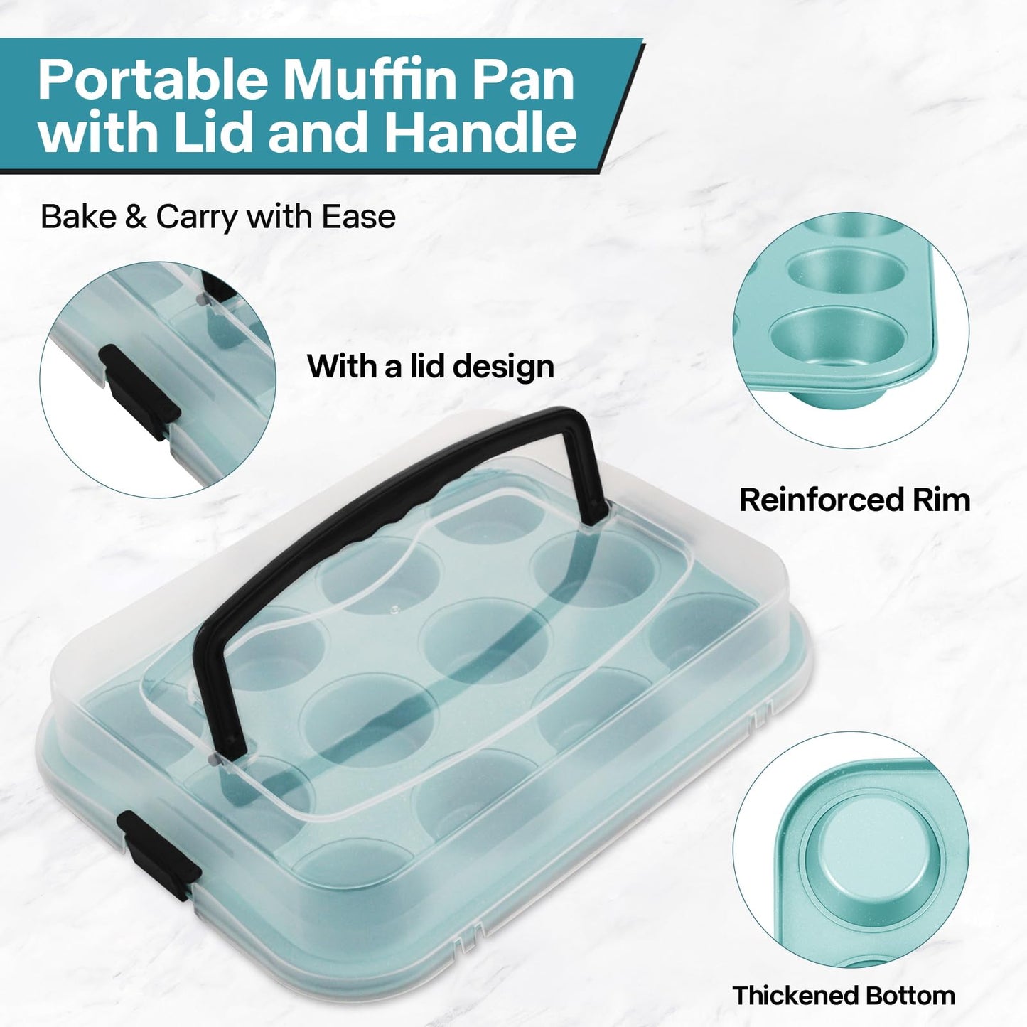 Spmarkt Blue 12-Cup Muffin Pan with Lid, 2-Pack Metal Cupcake Pan with Handle, Portable Blue Muffin Pans Nonstick 12 with Cover Ideal for Easy Carrying, Holiday, Party and Travel