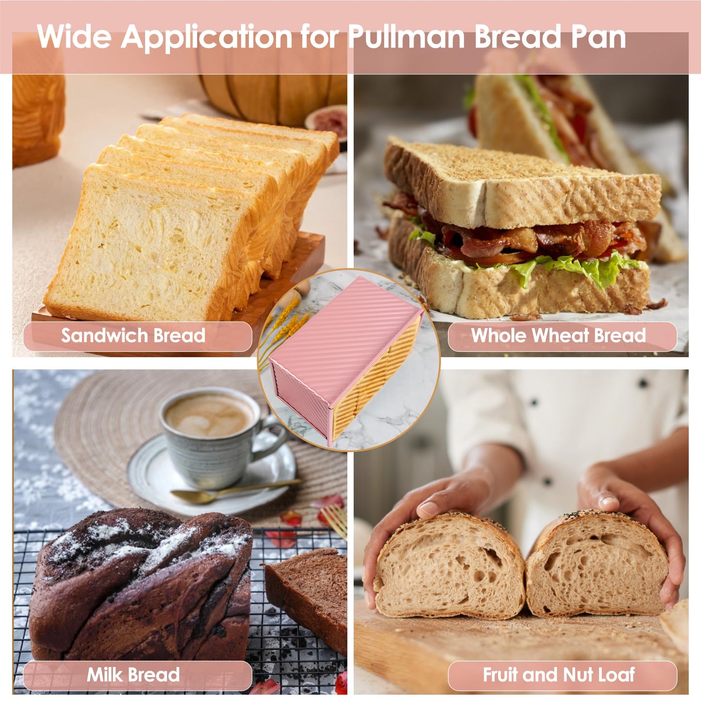 Spmarkt 2.2Lb Bread Pan, Non-Stick Rectangle Pullman Loaf Pan with Lid, Long Sourdough Bread Loaf Pan for Homemade, Deep Bread Tin with Dough Scraper Cutter