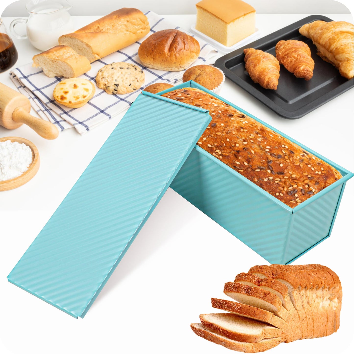Spmarkt 2.2Lb Bread Pan, Non-Stick Rectangle Pullman Loaf Pan with Lid, Long Sourdough Bread Loaf Pan for Homemade, Deep Bread Tin with Dough Scraper Cutter
