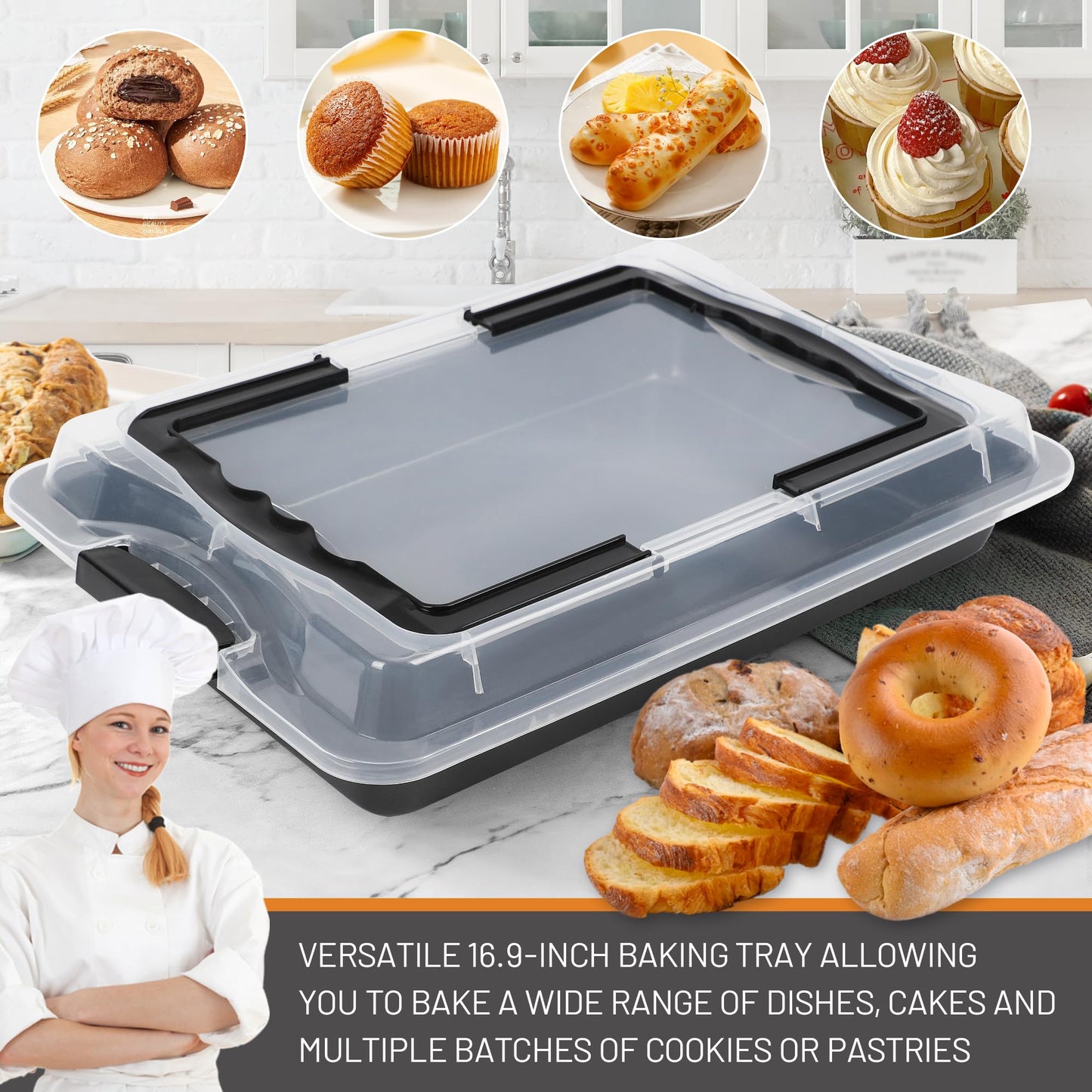 Spmarkt Ceramic-Coated Non-Stick Baking Pan with Carry Lid, 17inchx12inch Rectangular Cookie Sheets for Baking, Easy to Clean, Ovan Safe Baking Tray, Ideal for Party, and Outdoor Picnics (Black)
