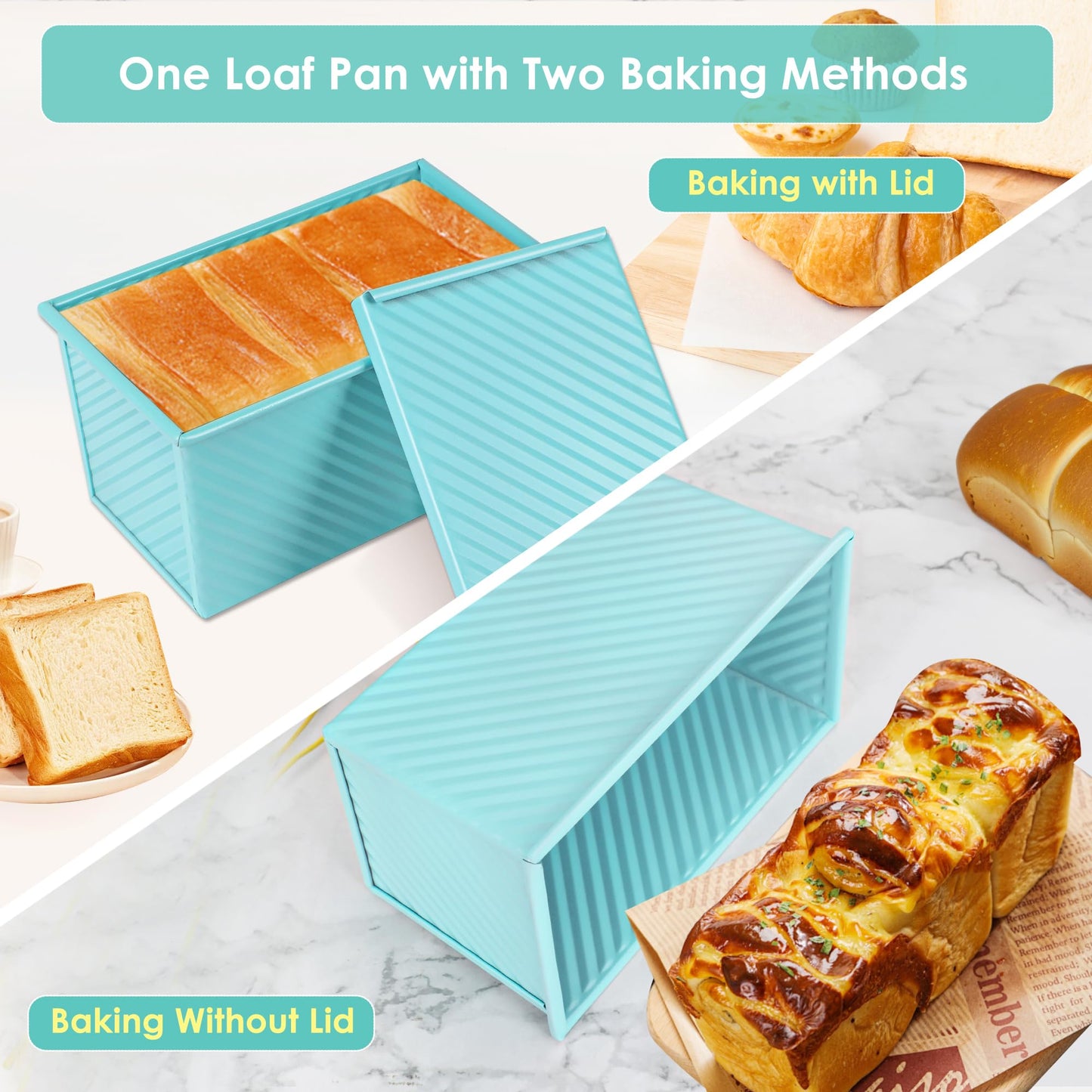 Spmarkt 2.2Lb Bread Pan, Non-Stick Rectangle Pullman Loaf Pan with Lid, Long Sourdough Bread Loaf Pan for Homemade, Deep Bread Tin with Dough Scraper Cutter