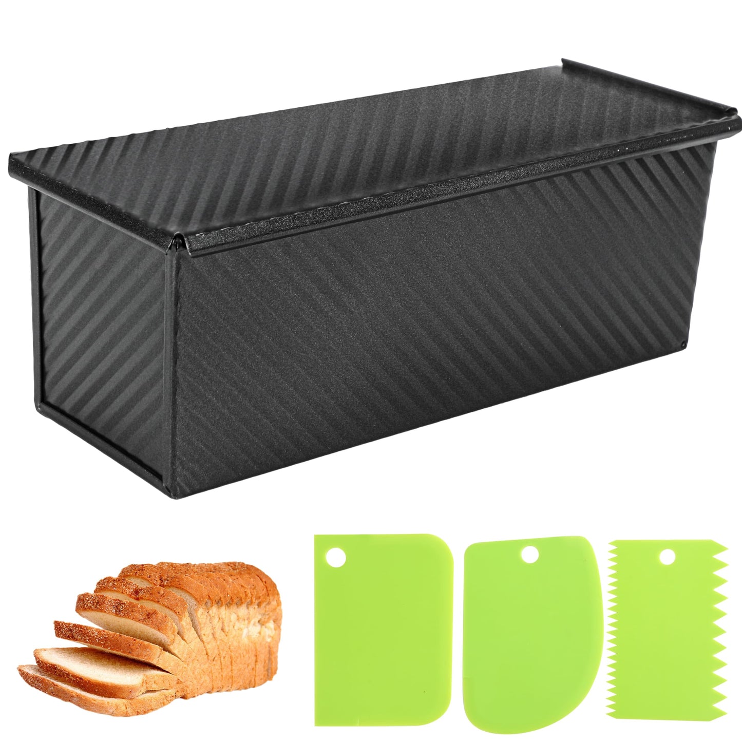 Spmarkt 2.2Lb Bread Pan, Non-Stick Rectangle Pullman Loaf Pan with Lid, Long Sourdough Bread Loaf Pan for Homemade, Deep Bread Tin with Dough Scraper Cutter