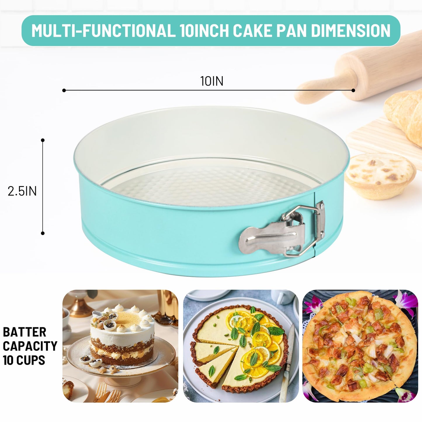 Spmarkt Cheesecake Pan with Removed Bottom and lid, 10-Inch Blue Spring Form Pan for Cheesecake, Springform Pan 10 inch Nonstick, Easy to Clean, Perfect for Baking & Transporting Cakes