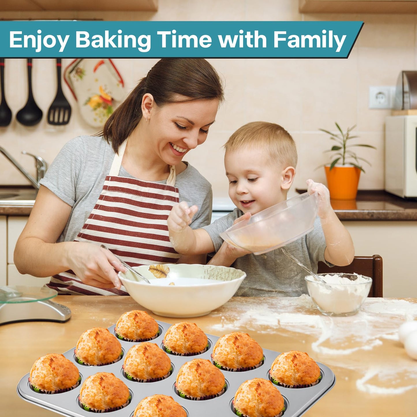 Spmarkt 2-Pack Muffin Pan with Carry Lid, Non-Stick 12-Cup Muffin Tin, Silver Cupcake Pan with Lid and Handle for Transporting, Suitable for Party, Holiday, Gathering etc