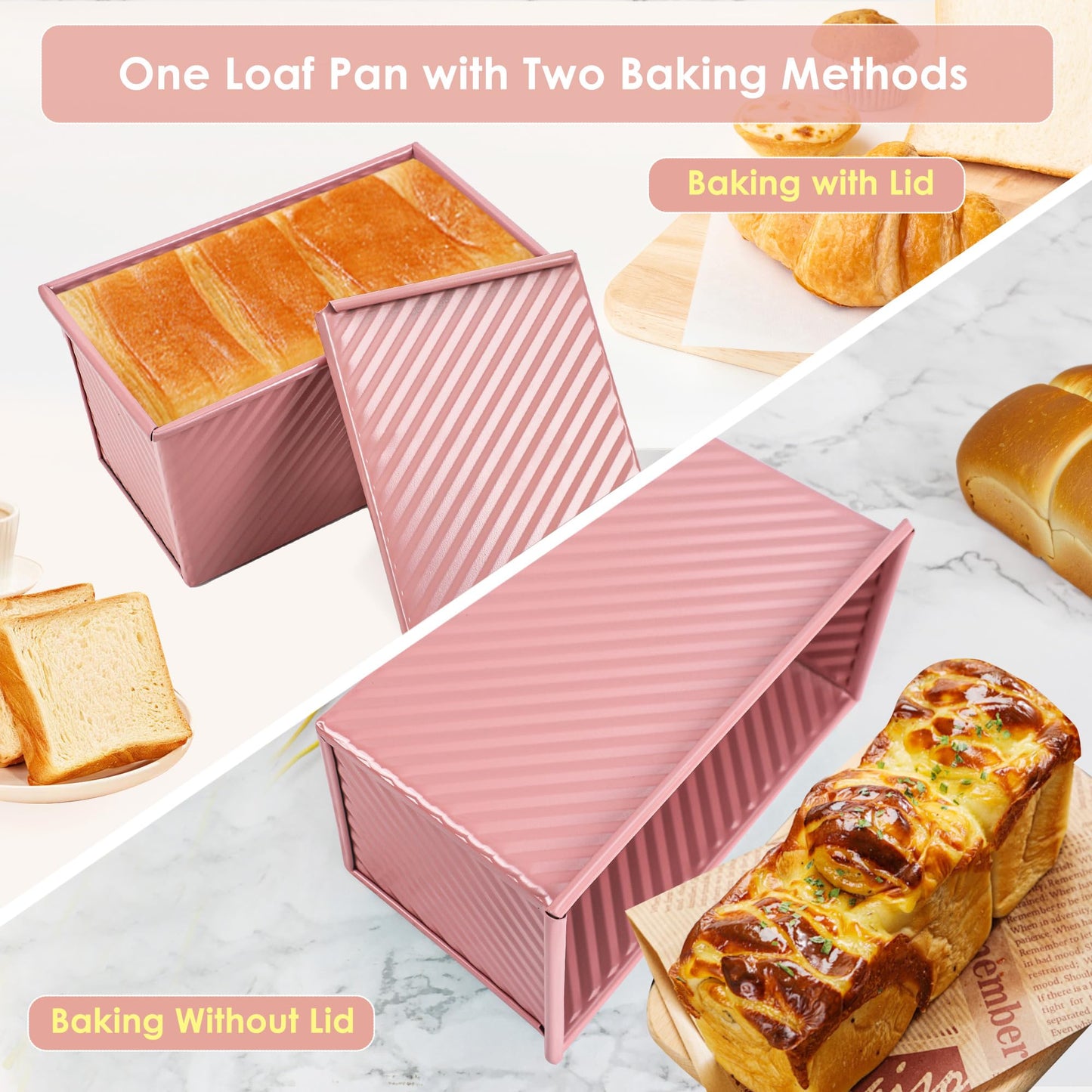 Spmarkt 2.2Lb Bread Pan, Non-Stick Rectangle Pullman Loaf Pan with Lid, Long Sourdough Bread Loaf Pan for Homemade, Deep Bread Tin with Dough Scraper Cutter