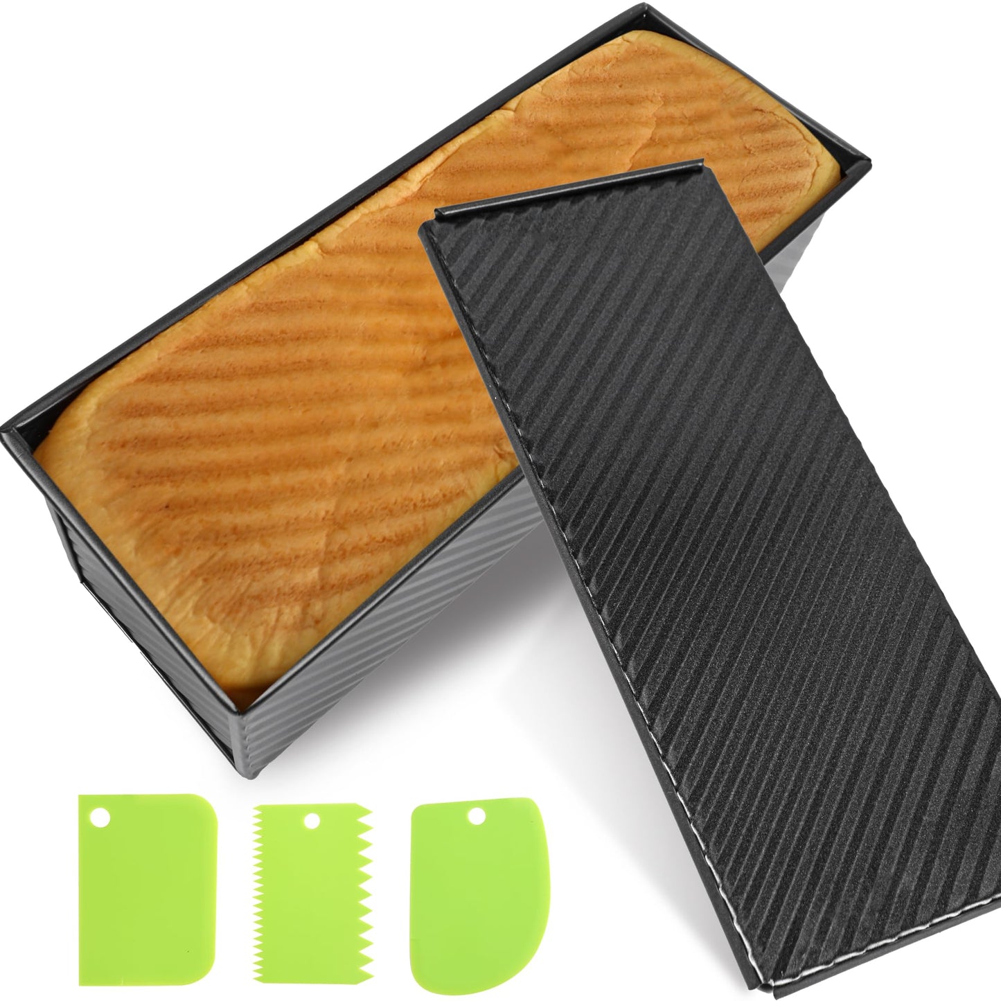 Spmarkt 2.2Lb Bread Pan, Non-Stick Rectangle Pullman Loaf Pan with Lid, Long Sourdough Bread Loaf Pan for Homemade, Deep Bread Tin with Dough Scraper Cutter