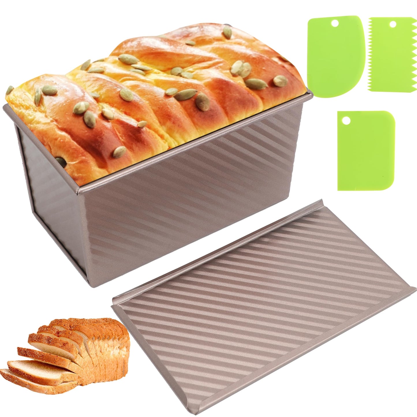 Spmarkt 2.2Lb Bread Pan, Non-Stick Rectangle Pullman Loaf Pan with Lid, Long Sourdough Bread Loaf Pan for Homemade, Deep Bread Tin with Dough Scraper Cutter