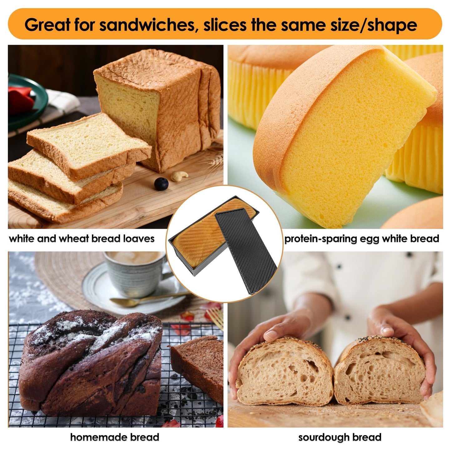 Spmarkt 2.2Lb Bread Pan, Non-Stick Rectangle Pullman Loaf Pan with Lid, Long Sourdough Bread Loaf Pan for Homemade, Deep Bread Tin with Dough Scraper Cutter