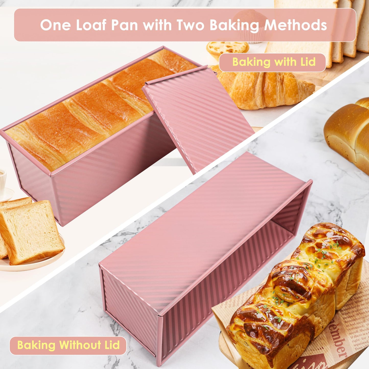 Spmarkt 2.2Lb Bread Pan, Non-Stick Rectangle Pullman Loaf Pan with Lid, Long Sourdough Bread Loaf Pan for Homemade, Deep Bread Tin with Dough Scraper Cutter