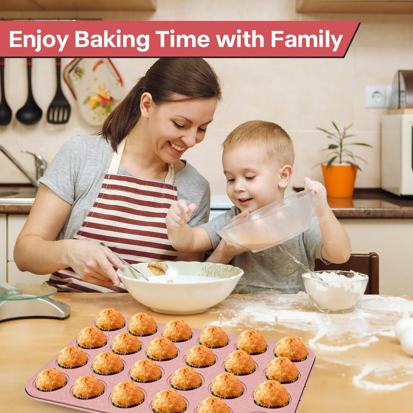 Spmart 2-Pack 24-Cup Nonstick Ceramic-Coated Mini Muffin Pan | Durable & Easy Clean Muffin Tins | Perfect for Small Baked Goods & Party Treats (Pink)