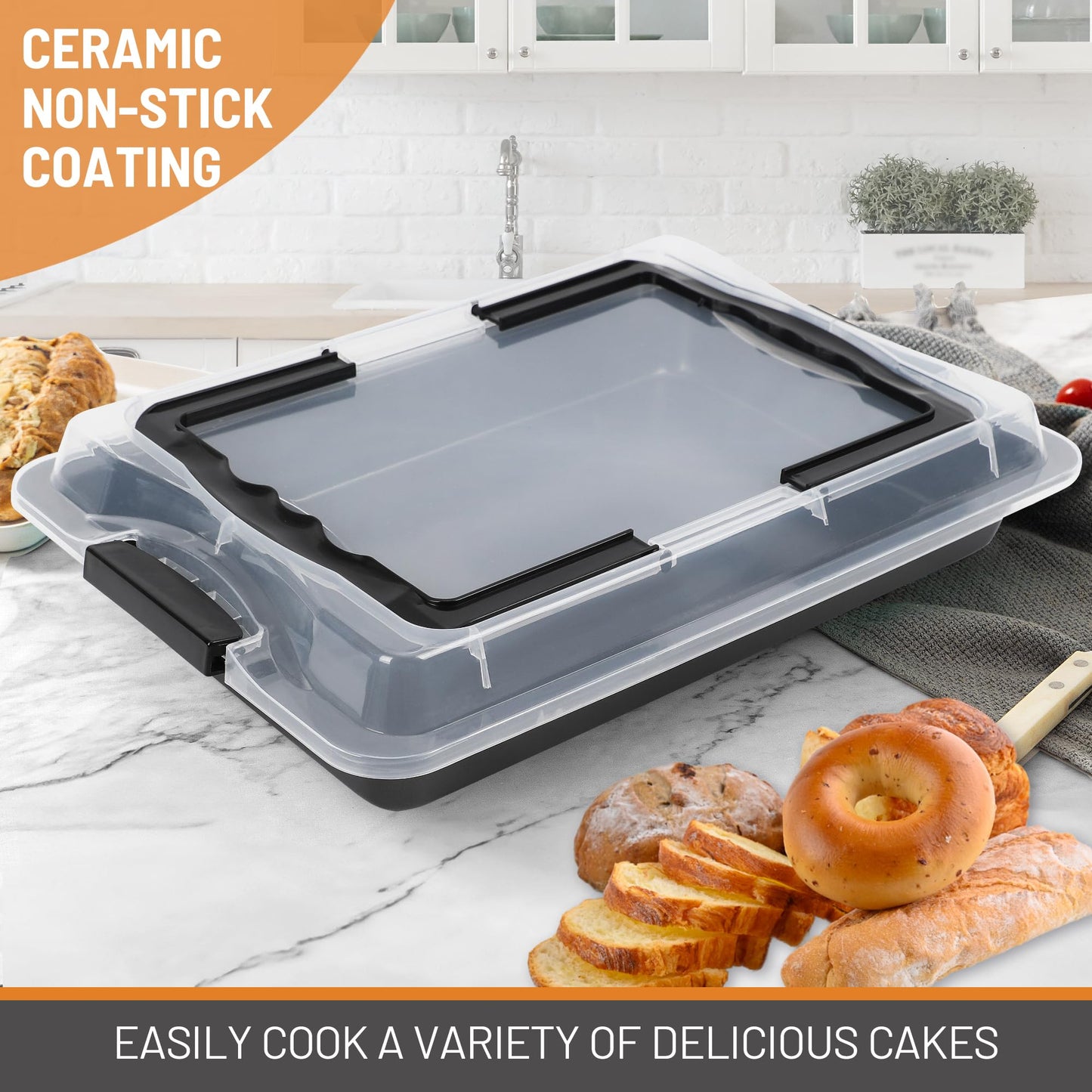 Spmarkt Ceramic-Coated Non-Stick Baking Pan with Carry Lid, 17inchx12inch Rectangular Cookie Sheets for Baking, Easy to Clean, Ovan Safe Baking Tray, Ideal for Party, and Outdoor Picnics (Black)