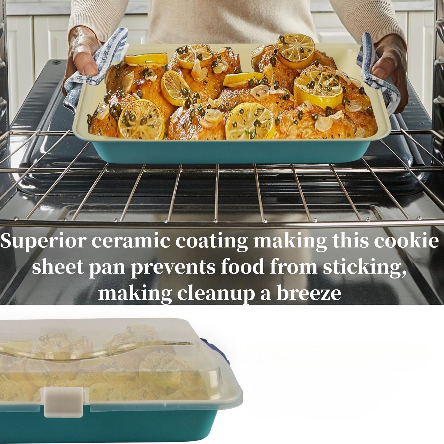 Baking Pan with Lid and Handle, 9x13 Non-Stick Ceramic Coated Cake Pan, Rectangle Brownie Pan for Baking Transport and Outdoor Picnics