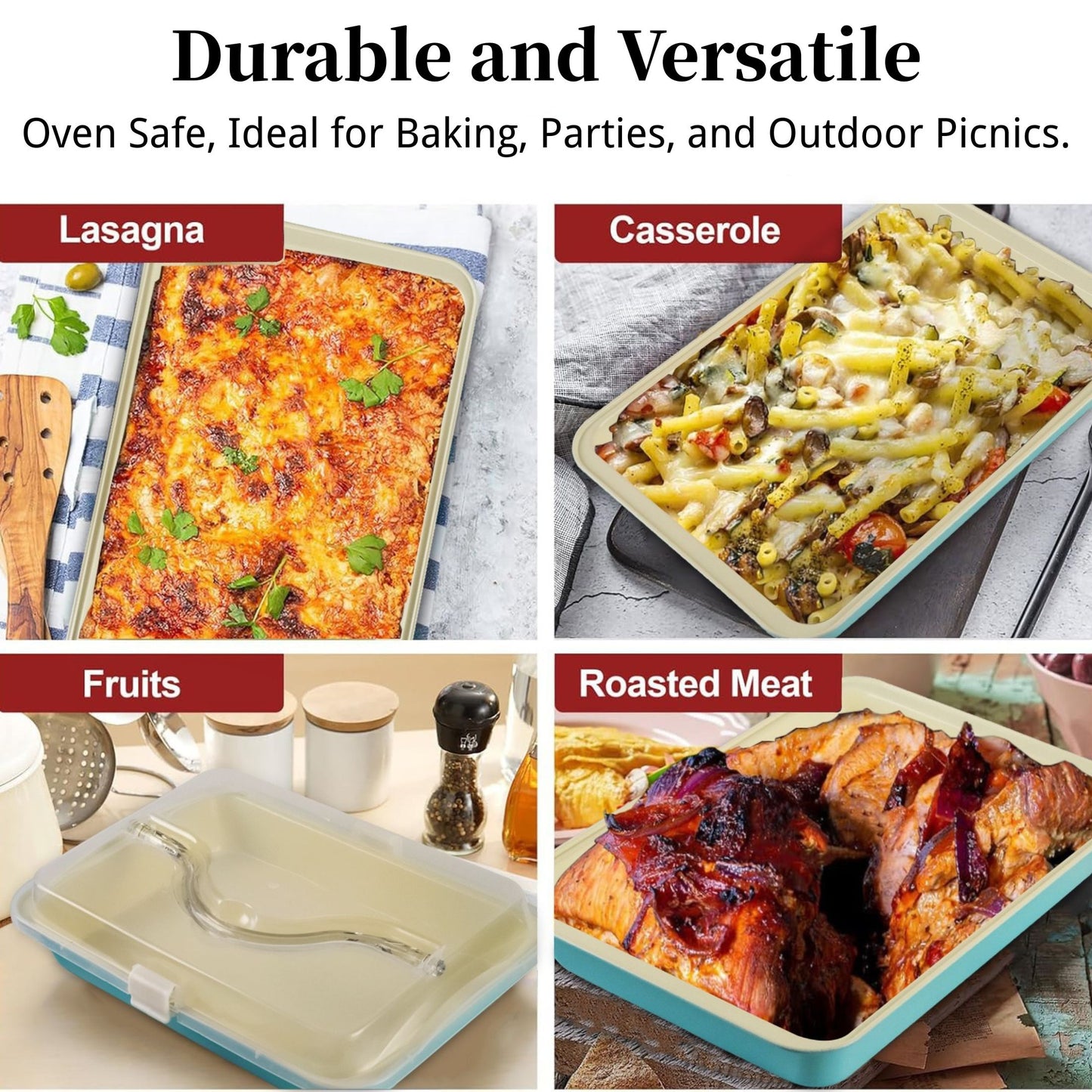 Baking Pan with Lid and Handle, 9x13 Non-Stick Ceramic Coated Cake Pan, Rectangle Brownie Pan for Baking Transport and Outdoor Picnics