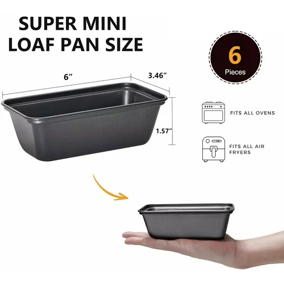 Bakdcore 6 Pack Mini Loaf Pans,Non-Stick Baking Bread Pan, 6 x 3 Carbon Steel Small Bread Pans for Homemade Cakes,Black
