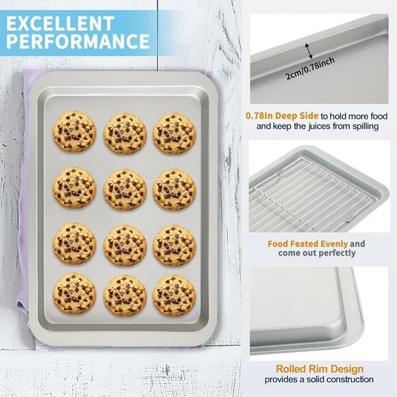 Bakdcore Cookie Sheet with Rack, Carbon Steel Oven Bakeware, 15"x10" Kitchen Cooking Baking Trays, Baking Sheet Pan for Roasting Broiling Bacon Meat Steak