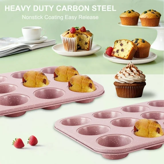 Bakdcore 12 Cup Muffin Pan, Carbon Steel Cupcake Tin, Non Stick Muffin Tins for Making Muffin Cakes,Bread, Tart(2-Count)