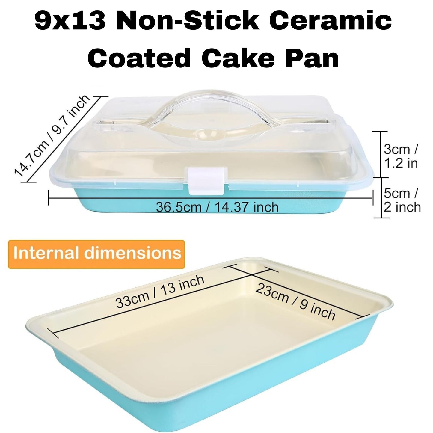 Baking Pan with Lid and Handle, 9x13 Non-Stick Ceramic Coated Cake Pan, Rectangle Brownie Pan for Baking Transport and Outdoor Picnics