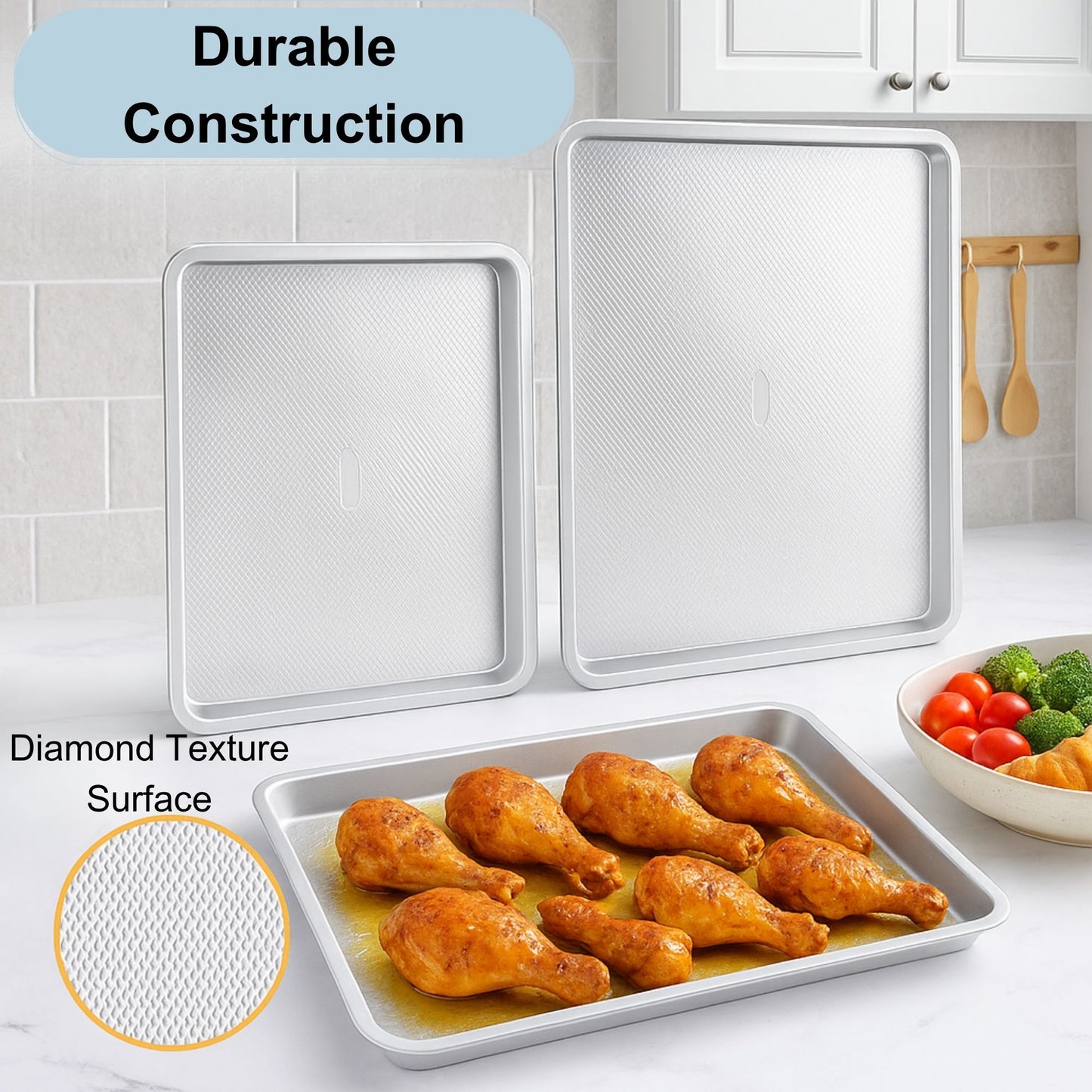 Baking Sheet Set of 3, Stainless Steel Cookie Sheet Baking Sheet Pan, 18/15/13 Inch, Non Stick Heavy Duty Thick 0.8 Mm Baking Sheet, Stackable Design for Roasting, Baking & Toasting